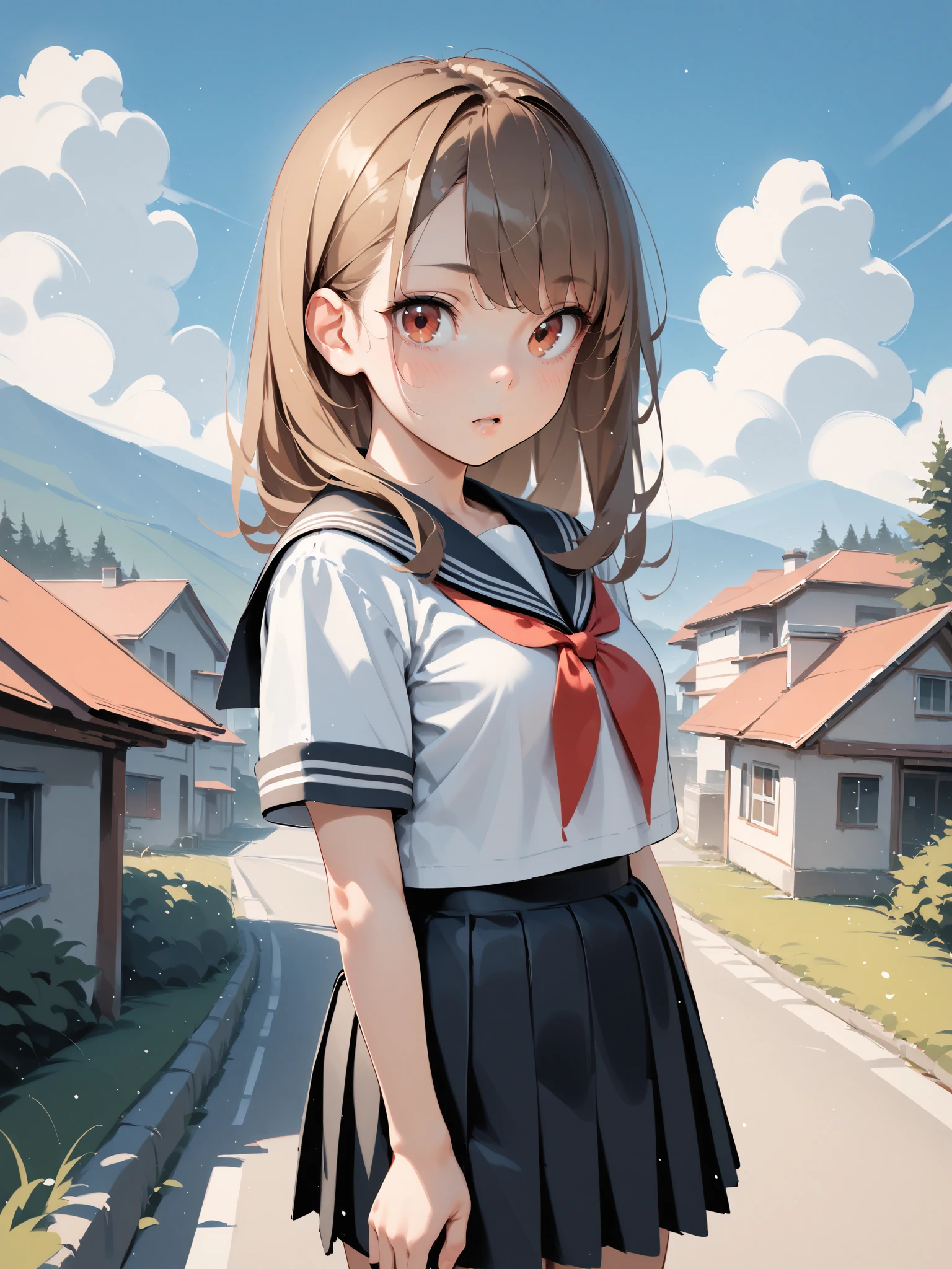 <lora:XL_myzy style(pony)-000003:0.8>,score_9,score_8_up,score_7_up,best quality,masterpiece,source_anime,myzy style,1girl,solo,skirt,school uniform,long hair,serafuku,pleated skirt,outdoors,brown hair,short sleeves,looking at viewer,tree,day,sky,shirt,sailor collar,cloud,bangs,black skirt,white shirt,standing,eyebrows visible through hair,blush,blue sky,red eyes,red neckwear,parted lips,bow,brown eyes,black sailor collar,neckerchief,mountain,bowtie,house,red bow,cloudy sky,