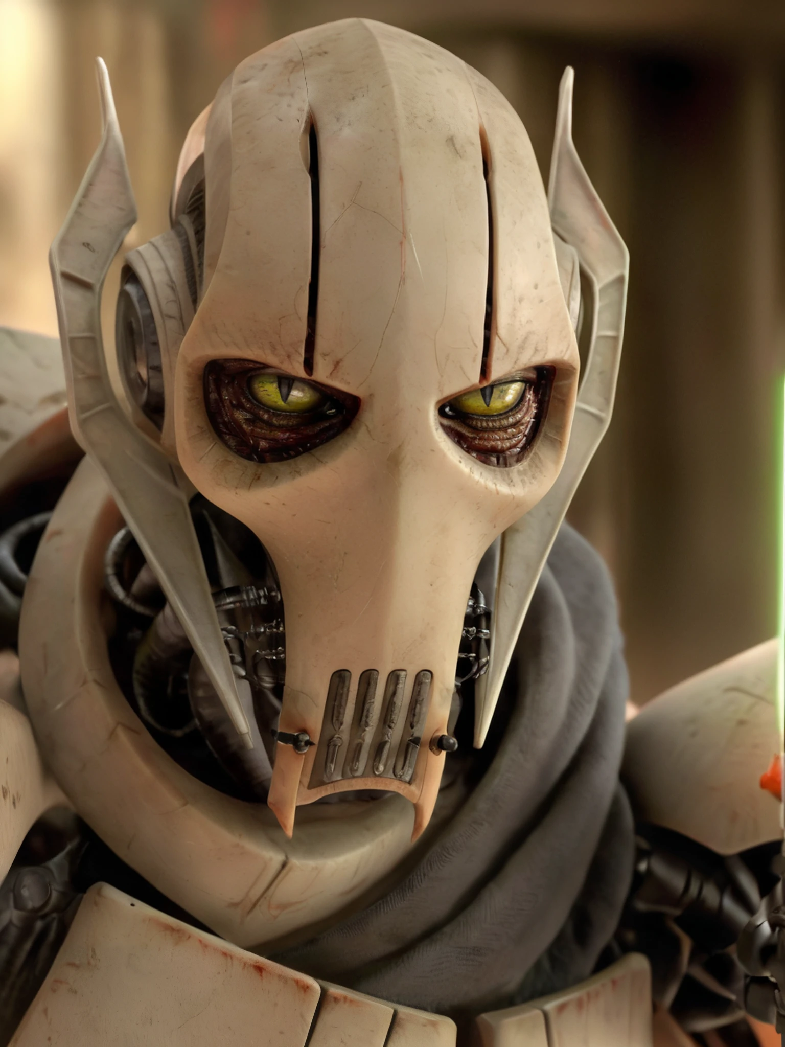 <lora:XL-char_starwars_[GeneralGrievous]-v1-000012-R32:0.8> (GeneralGrievous, cyborg, alien, mask, reptilian eyes, slit pupils:1.3), robot science fiction, (masterpiece, top quality, best quality, detailed scenery background, official art, beautiful and aesthetic, extremely detailed, best quality, absurdres:1.3), (detailed natural lighting, depth of field:1.3) (hyperrealistic:1.5), vivid 16k colorful hdr, highest detailed, holding weapon, (four arms with glowing lightsabers:1.2), (attacking, swinging laser swords:1.3)