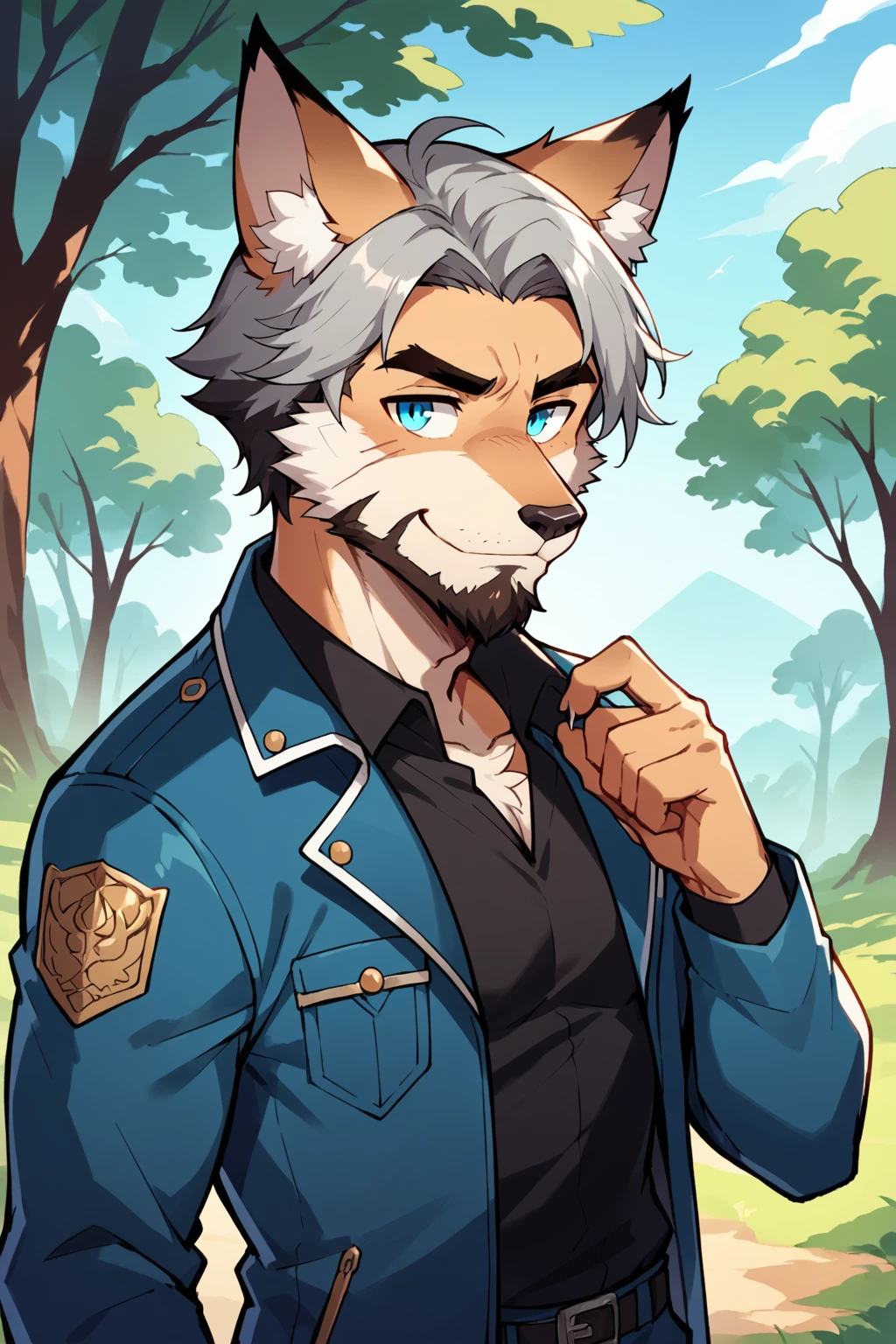 score_9, score_8_up, score_7_up, score_6_up, score_5_up, score_4_up, Andrew Ennis-Bryant, 1boy, animal ear fluff, animal ears, beard, belt, black shirt, blue eyes, blue jacket, closed mouth, collared jacket, day, facial hair, forest, furry, furry male, grey hair, hand up, jacket, long sleeves, looking at viewer, male focus, multicolored hair, nature, open clothes, open jacket, outdoors, scar, scar on face, shirt, short hair, smile, solo, thick eyebrows, tree, two-tone hair, upper body, white hair, fox boy, fox ears , <lora:AndyEnnisPonyXL:0.8>