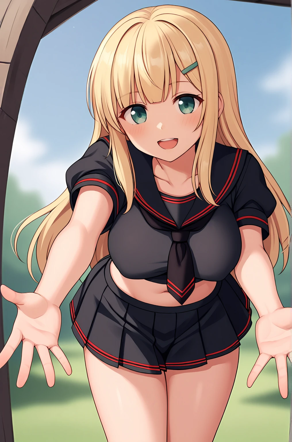 anime artwork, score_9, score_8_up, score_7_up, score_6_up, score_5_up, score_4_up, source_anime, BREAK, thick outline, fat outline,
Yomi_XL, green eyes, blonde hair, long hair, green hairclip, large breasts, BREAK, Yomi_hebijo, school uniform, black sailor collar, black tie, black serafuku, black shirt, black skirt, pleated skirt, crop top, short sleeves, BREAK, outdoors, leaning forward, outstretched arms, going to hug, looking at viewer, (fingers focus:1.4),
<lora:Yomi_XL:0.7>
<lora:PersonalAmi_PonyXL:1.0>