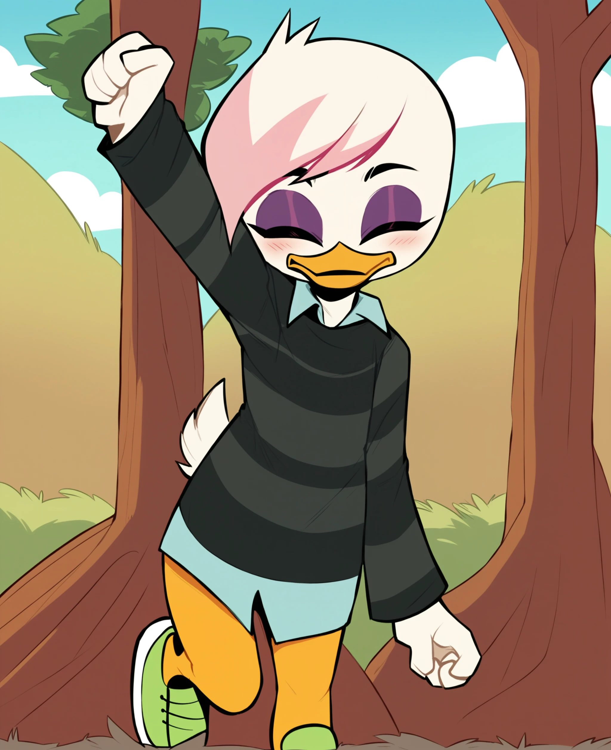 score_9, score_8_up, score_7_up, score_6_up, best quality, highres, source_furry, BREAK
drocll, BREAK
1girl, female, solo, furry, outside, cloud, tree, duck, beak, lena sabrewing, young, , white skin, white hair, pink highlights, short hair, eyes closed, happy, blush, orange legs, sneakers, purple eyeshadow, bottomless, dress shirt, dark clothing, striped sweater, long sleeves, arm up, clenched hand <lora:Lena_Sabrewing:1>