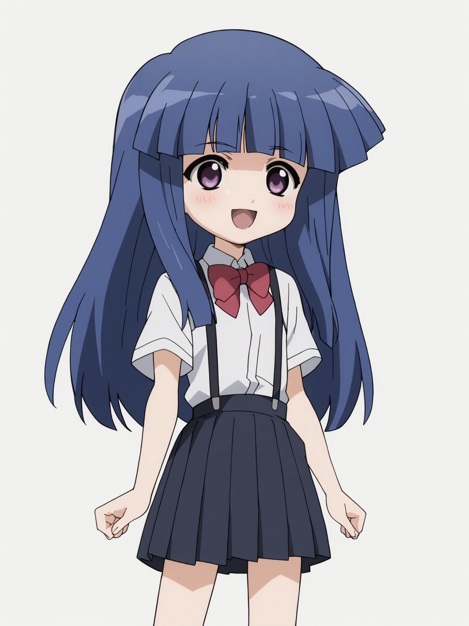 Ugly score_9, score_8_up, score_7_up, score_6_up, source_anime, anime screencap, anime coloring, <lora:0r0P00W0n0j0O0kqLPony_LoRA_V1>, 1girl, solo, furude rika, (tween:1.2), kawaii, blue hair, purple eyes, long hair, blunt bangs, bangs, simple background, white background, bow, skirt, shirt, suspenders, smile, short sleeves, pleated skirt, white shirt, open mouth, :d, red bow, facing viewer, ^_^, suspender skirt, school uniform, black skirt, collared shirt, blush, bowtie, blunt bangs, dress shirt