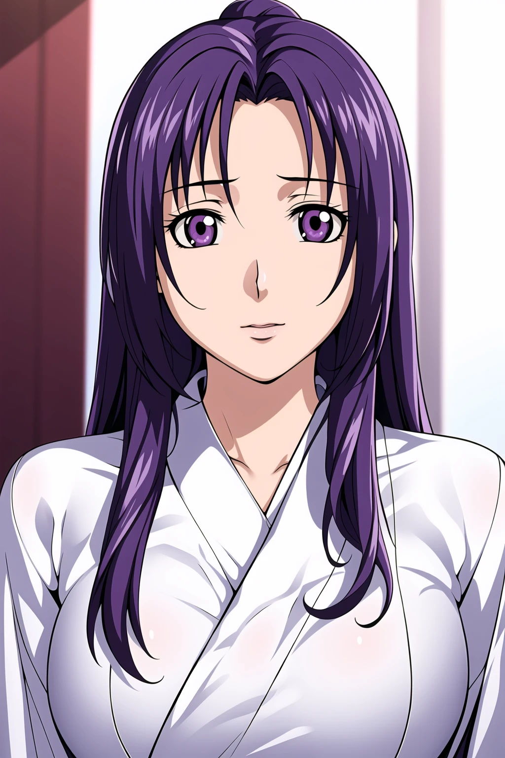 Simple White Background,
dynamic pose,standing at attention,
White kimono,long sleeves, wide sleeves,
<lora:Ren_Mikihara_FMP-KK77-V1:0.7>,
purple eyes, purple hair,bangs,Long hair,
<lora:Oda_Non_Style-KK77-V2:0.3>,<lora:more_details:0.1>,
1 girl, 20yo,Young female,Beautiful long legs,Beautiful body,
Beautiful Nose,Beautiful character design, perfect eyes, perfect face,expressive eyes,perfect balance,
looking at viewer,(Focus on her face),closed mouth, (innocent_big_eyes:1.0),(Light_Smile:0.3),
official art,extremely detailed CG unity 8k wallpaper, perfect lighting,Colorful, Bright_Front_face_Lighting,White skin,
(masterpiece:1.0),(best_quality:1.0), ultra high res,4K,ultra-detailed,
photography, 8K, HDR, highres, absurdres:1.2, Kodak portra 400, film grain, blurry background, bokeh:1.2, lens flare, (vibrant_color:1.2),professional photograph,
(Beautiful,large_Breasts:1.4), (beautiful_face:1.5),(narrow_waist),