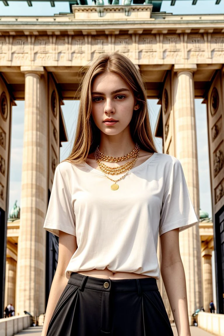 <lora:kawaii7.1.3_obj20:0.75:0.25>, European woman, closeup, (shirt), pants, (brandenburg gate), gold necklace , ZM_fien, wide shoulders, perfect face, (contact iris: 1.1), pale skin, skin pores , depth of field