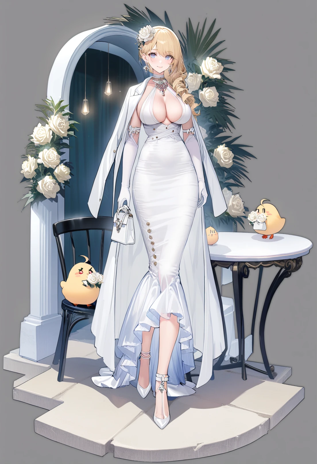 grey background, masterpiece, best quality, <lora:GachaAzurLaneXL_ANI31_lokr_V4236:0.95> 1girl, dress, breasts, blonde hair, flower, white footwear, gloves, white flower, white dress, white gloves, blue eyes, cleavage, elbow gloves, full body, white rose, looking at viewer, coat, jewelry, bag, coat on shoulders, large breasts, long hair, manjuu \(azur lane\), high heels, solo, rose, official alternate costume, handbag, earrings, white coat, holding, hair ornament, table, holding bag, standing, hair flower, hair over shoulder, smile, long dress, necklace, collarbone, alternate costume, chair