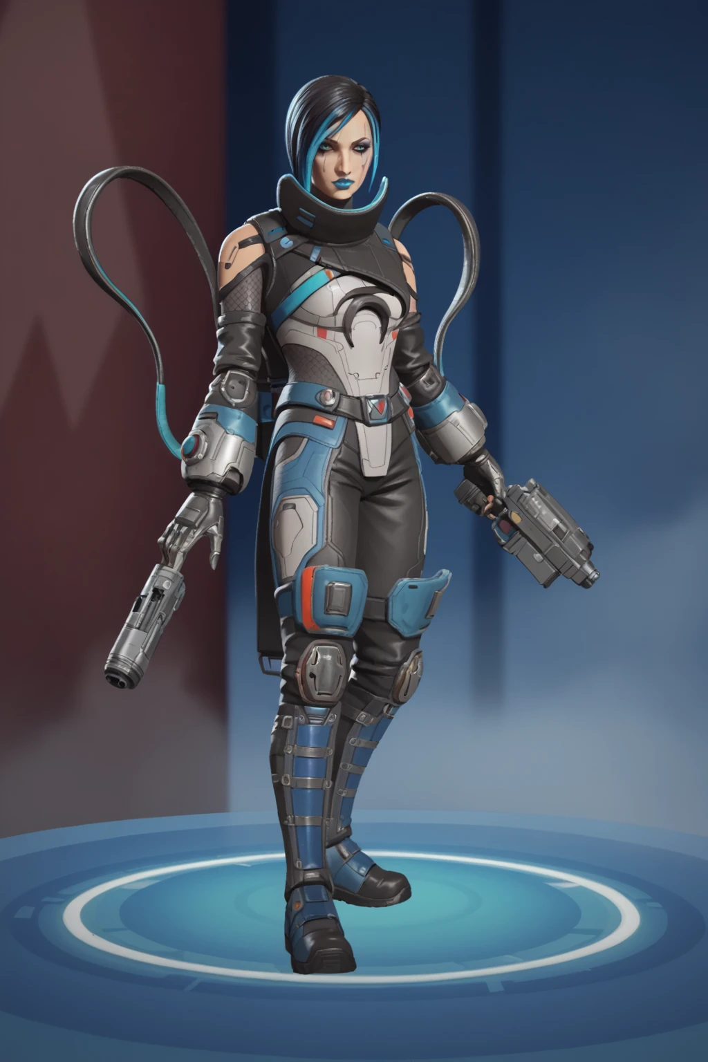 catalystapex, 1girl, armor, black hair, gun, holding weapon, science fiction, short hair, solo, weapon, lipstick, makeup, short hair, solo, transgender female, two tone hair, blue hair, side lighting, outdoors, neon lighting, PonyXLV6_Scores , <lora:APEXCATALYSTPDXL:1>