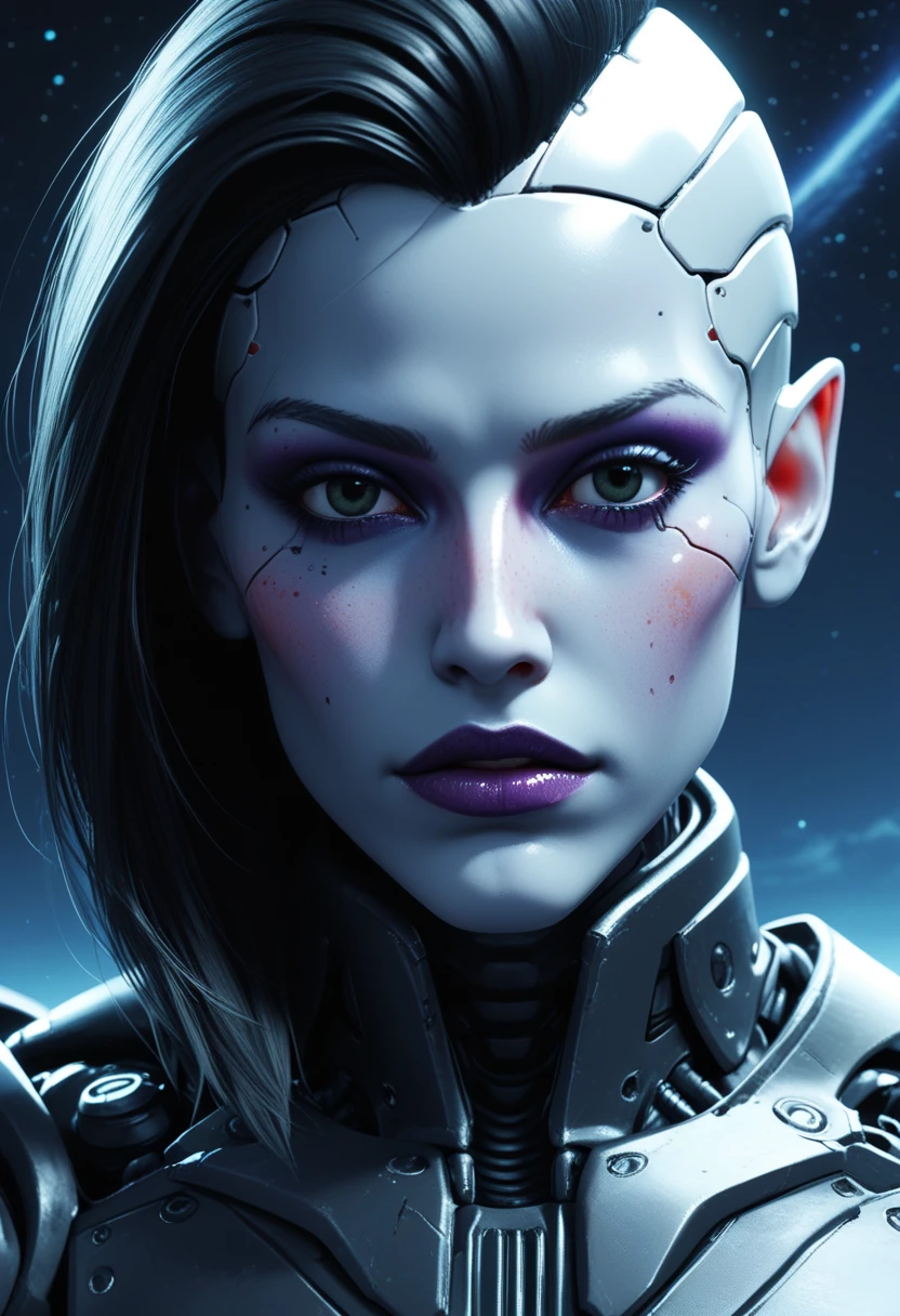 Alien-themed score_9, score_8_up, score_7_up, bounty hunter, android, dystopian future, close-up, mechanical arms, natural humanoid eyes, sleek black cybernetic hooded jumpsuit, commanding and threatening expression, illegal night market, dimly lit, rim lighting,, . Extraterrestrial, cosmic, otherworldly, mysterious, sci-fi, highly detailed