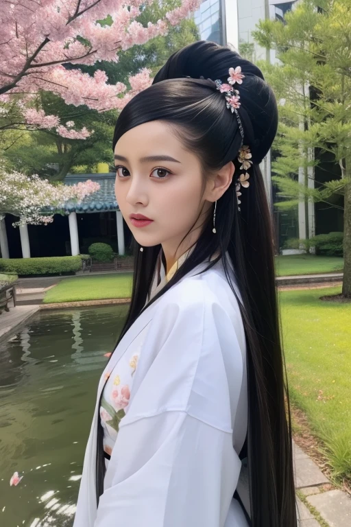 ltra-detailed,highly detailed,best quality,masterpiece,illustration,realistic,photorealistic,
sanshengmu, hanfu,
1girl, solo,
traditional clothes, chinese clothes, china dress,
very long hair, hair bun, bangs, earrings,
upper body,
outdoors, nature, tree, cherry blossoms, falling petals, river, water, flower, grass,
<lora:sanshengmu_v1_04:0.9>