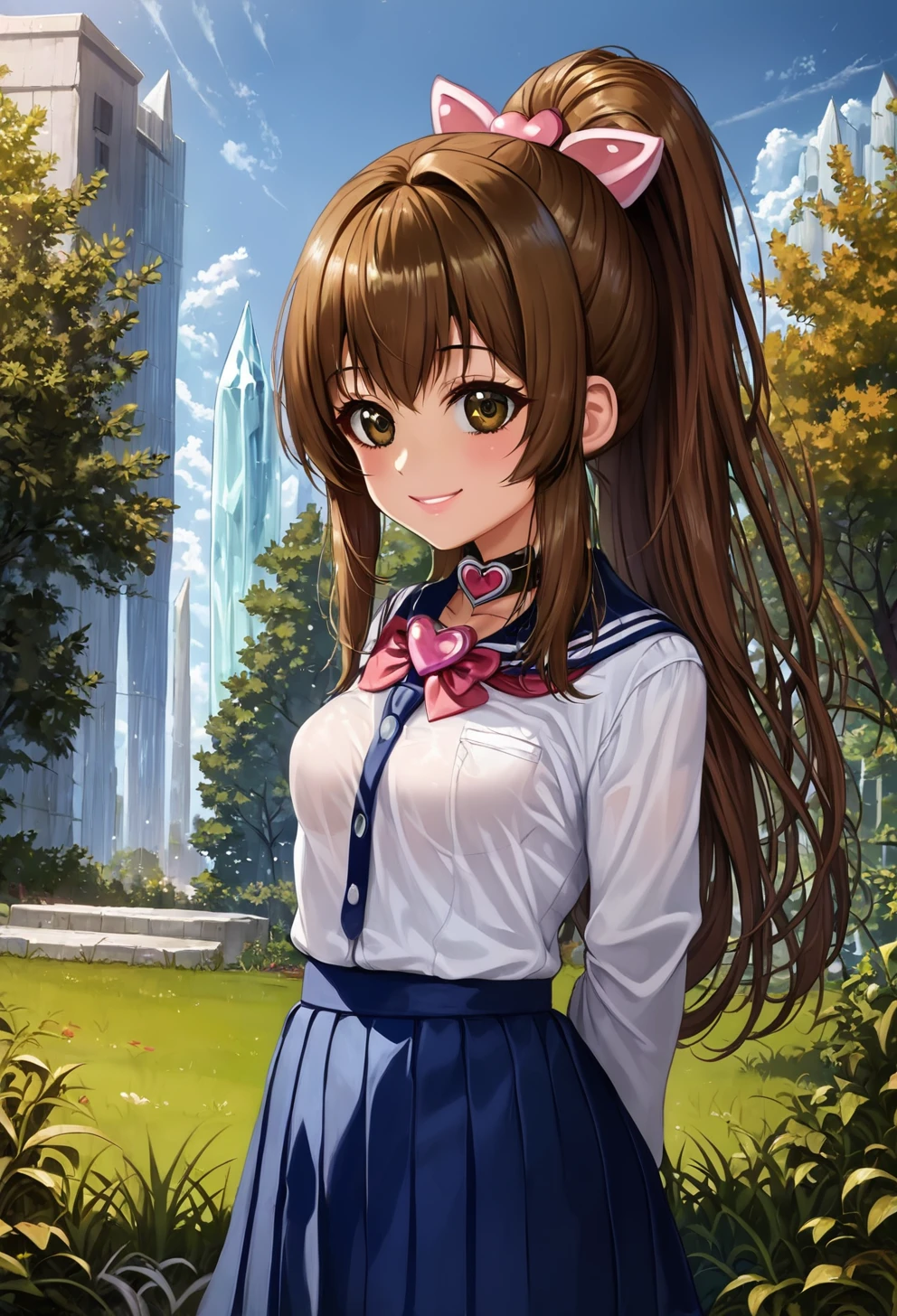 (Moena_Shinguuji,brown hair, brown eyes,crystal_heart_collar,)
1girl, solo, standing, smile, brown hair, long hair, ponytail, sidelocks, detailed face,small breasts,Portrait,
Uniform, school uniform, white top, blue skirt,
outdoors,school background, light smile,Hand behind back,
<lora:PROject-AnImE-V1:1.2>,
<lora:ClearHand-V2:2>,
 <lora:PONYMoena_Shinguuji_OVA_Angel_Blade-000005:1>