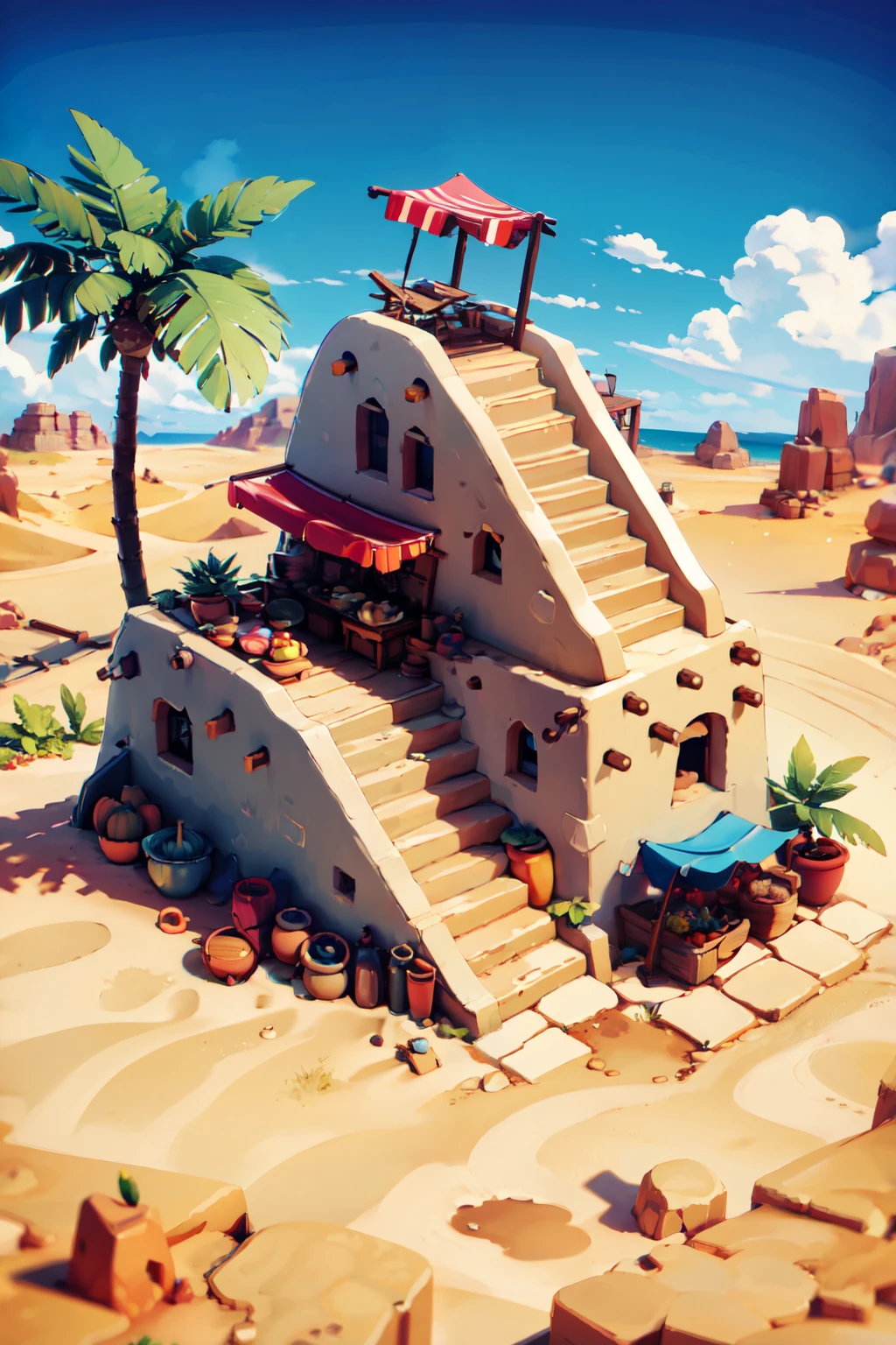 ((masterpiece,best quality)), absurdres, <lora:IsometricDesert:0.8>, IsometricDesert, outdoors, day, tree, no humans, fruit, crate, pot,  sand, palm tree, desert, stairs, blue cloth,