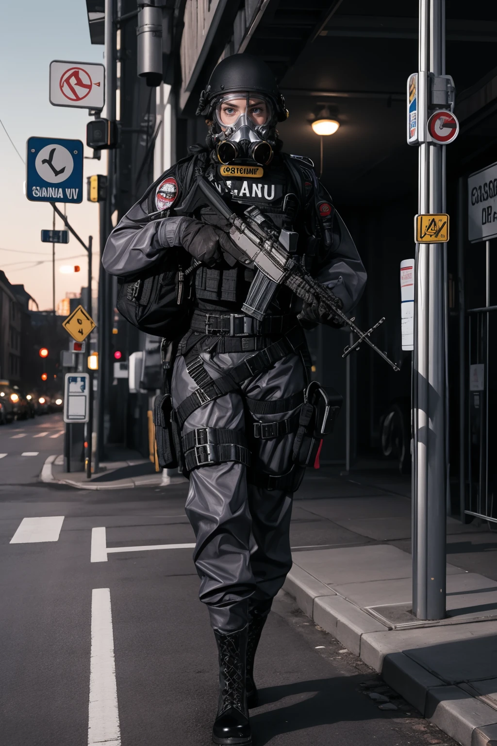 solo,1Girl,standing split,,ruanyi0524,backpack,belt,boots,bulletproof vest,gas mask,gloves,tactical clothes,cowboy shot,outdoors,street,road sign,thigh gap,<lora:0524 navy tactical uniform_v1:0.9>, best quality,masterpiece,highres,official art,extremely detailed cg unity 8k wallpaper