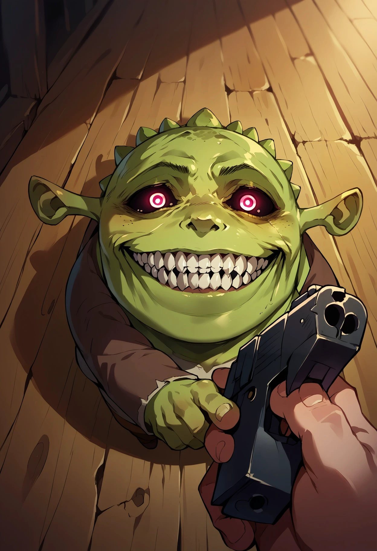 score_9, score_8_up,score_7_up,score_6_up, source_anime,solgo, sharp teeth, evil grin, black sclera, glowing eyes,portrait, shrek, green skin,godoacrime, from above, chibi, pov hand, holding gun
<lora:Solgo-grin-v1-potat:0.8> 
<lora:Shrek_XLPD:0.8>  <lora:goDoACrimeMemeDora_v10:1>