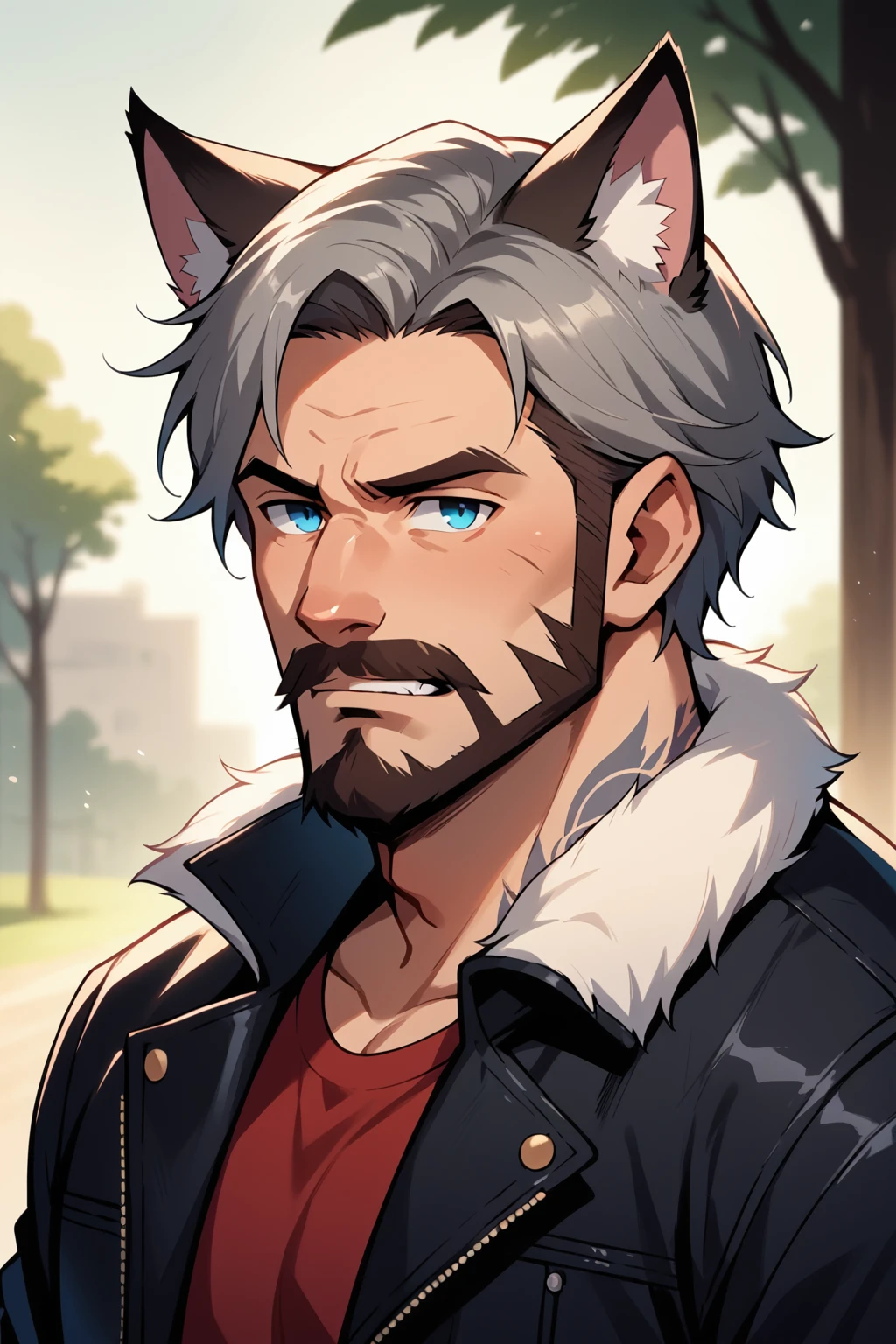 score_9, score_8_up, score_7_up, score_6_up, score_5_up, score_4_up, Andrew Ennis-Bryant, 1boy, animal ears, beard, blue eyes, depth of field, cat ears, facial hair, fox ears, fur trim, grey hair, jacket, leather, looking at viewer, male focus, manly, mature male, mustache, nose, old, old man, open clothes, open jacket, outdoors, red shirt, shirt, short hair, solo, hands on head, snarling, feral, side lighting, tattoo, <lora:AndyEnnisPonyXL:0.8>