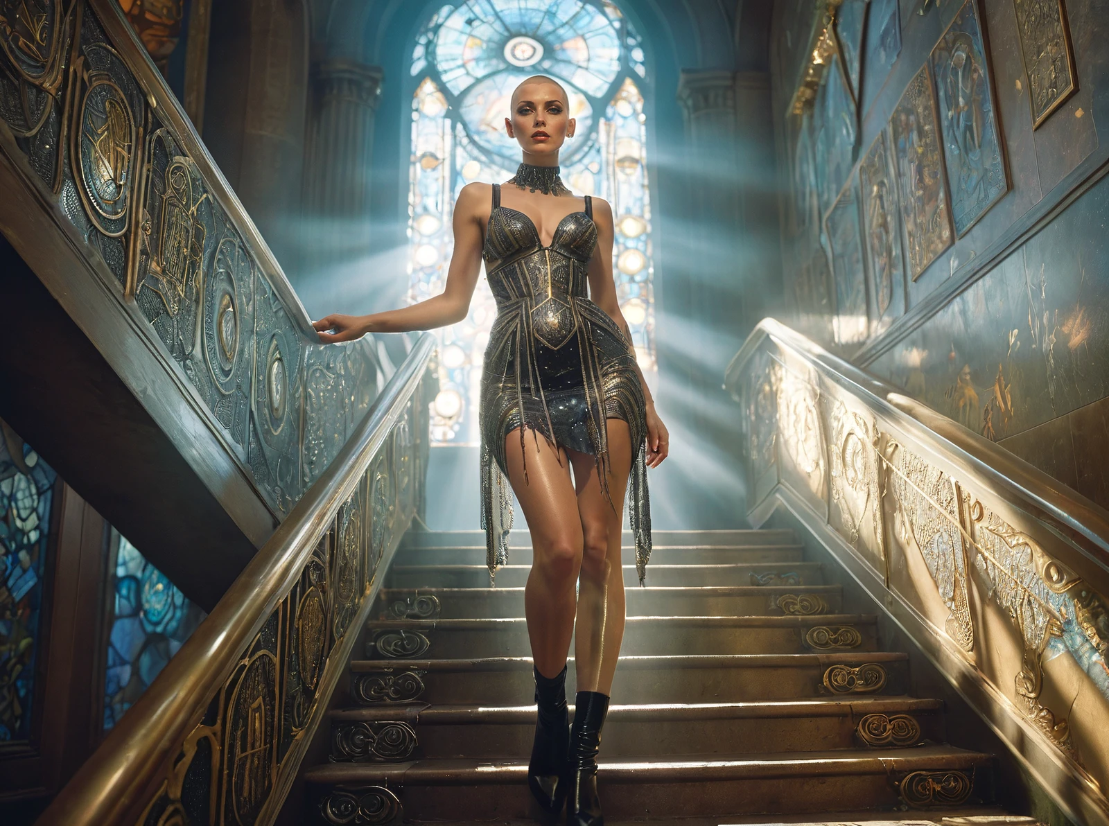 cinematic film still, a woman stands tall, half-human half machine, amongst an ancient Greek gallery of paintings and marble, religious symbolism, quantum wavetracing, high fashion editorial, glsl shaders, semiconductors and electronic computer hardware, amazing quality, wallpaper <lora:aesthetic_anime_v1s:1.1>