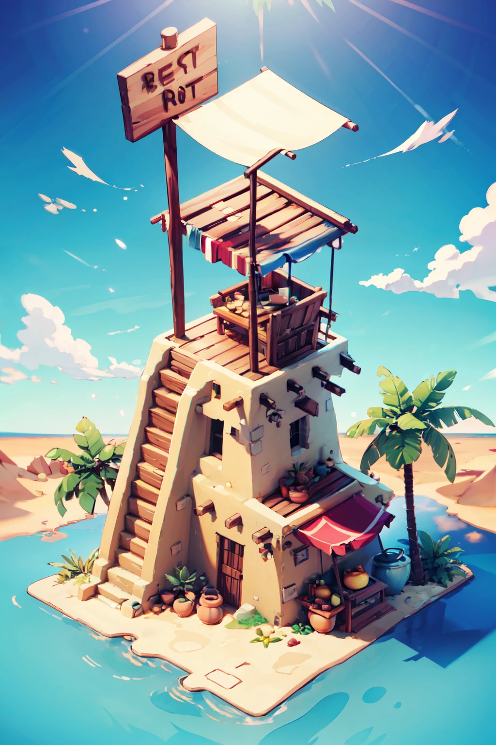 ((masterpiece,best quality)), absurdres, <lora:IsometricDesert:0.8>,   IsometricDesert, outdoors, sky, day, tree, no humans, blue background, chair, beach, sand, palm tree, platform, sign,