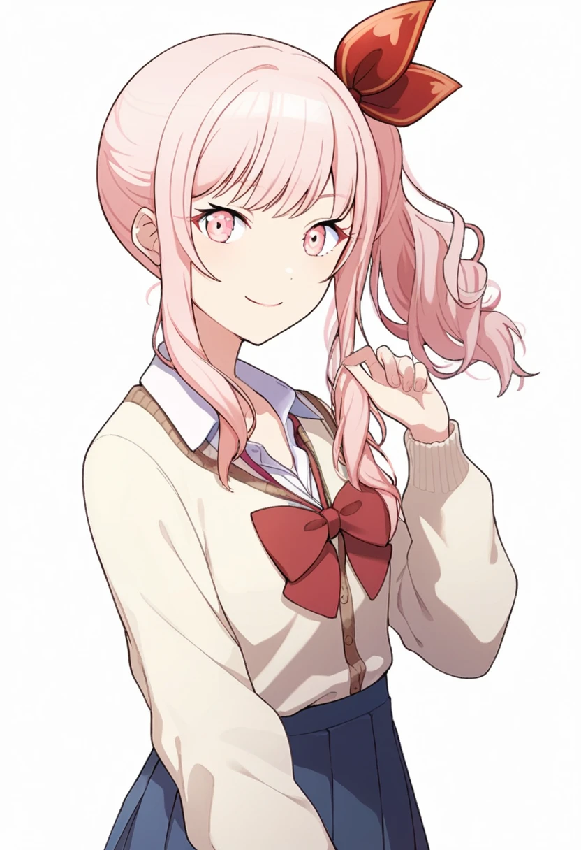 score_9,score_8_up,score_7_up,source_anime,
1girl,
pink eyes, pink hair, long hair, sidelocks, side ponytail,bangs,
smile, closed mouth, looking at viewer, standing,
school uniform, cardigan, white collared shirt, blue skirt, pleated skirt, red hair bow, red bow, red bowtie,
cowboy, white background, simple background,
<lora:last-000012:1>