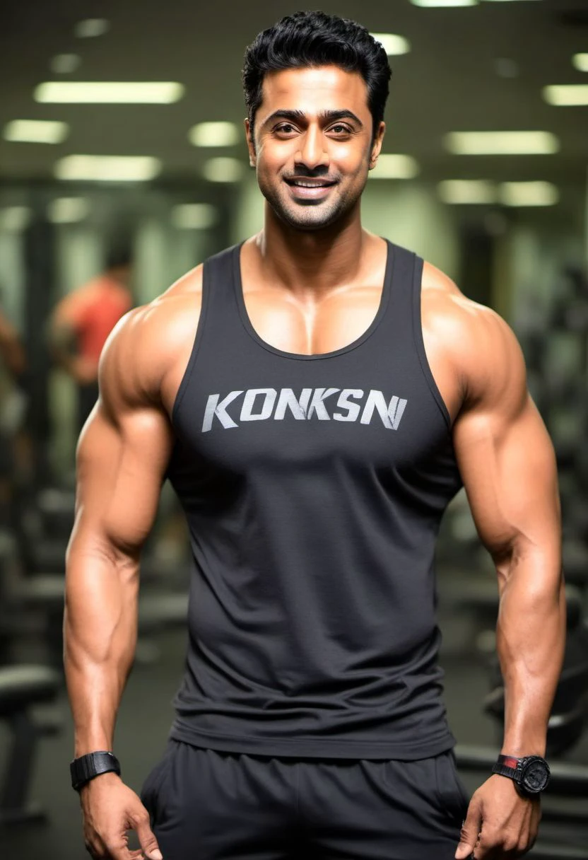 4k, Kal Penn a man <lora:Dev-Adhikari_Kal-Penn:0.7> in the gym, sweaty, muscular, abs, pecs, slight smile, back to camera, flexing, guys in the background admiring him.