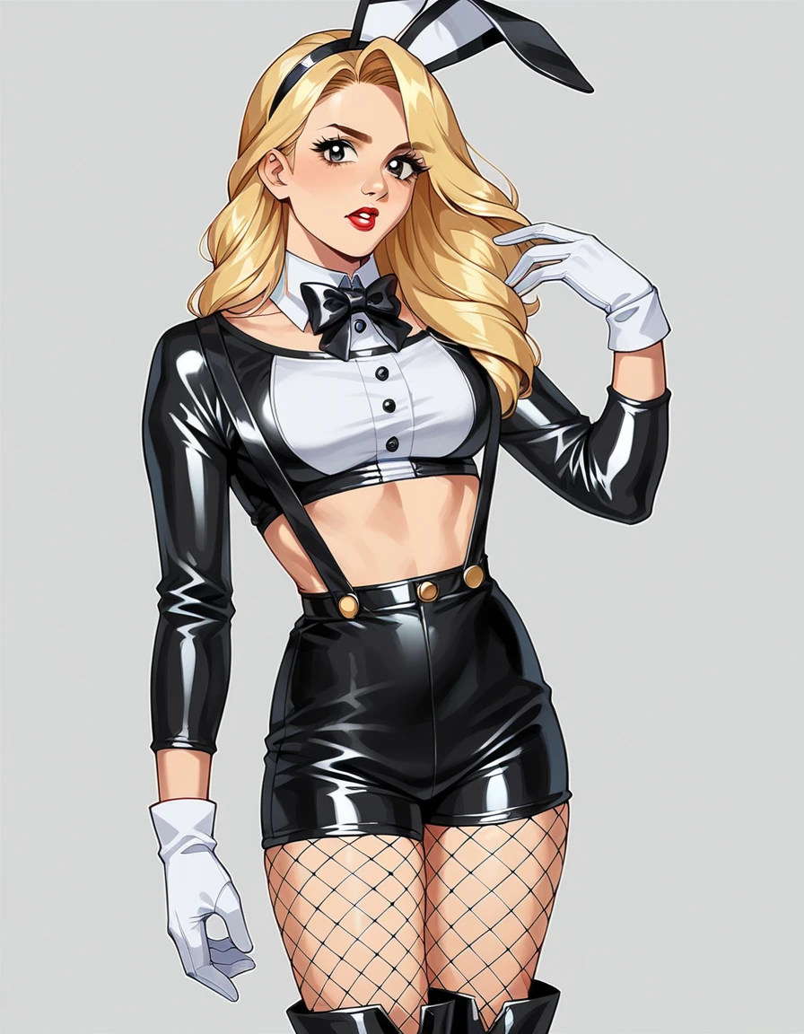 score_9, score_8_up, score_7_up, score_6_up, score_5_up, score_4_up, best quality, anime, 1girl, hud_bunnie, long sleeves, crop top, black shorts, suspenders, black bowtie, fake animal ears, gloves, shiny clothes, fishnets, boots,<lora:bunny_xlp-000008:0.7>, adult, pale skin, eyeliner, lipstick, long eyelashes, woman, medium breasts, mature, (Retro blonde victory rolls hair:1.3),