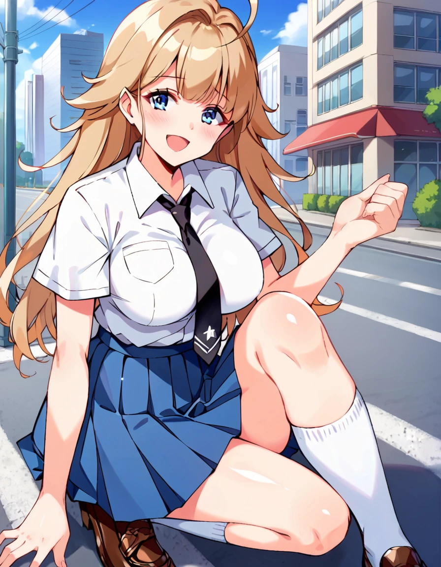 hi-school girl、　a beauty girl　Straight Long Hair、shairband、sano　A smile、校服、Blue checked mini skirt、Sit up、Light blue lace panties、Loose Socks、lowfers、In front of the station、Spread legs wide　The front of the light blue shirt is open、