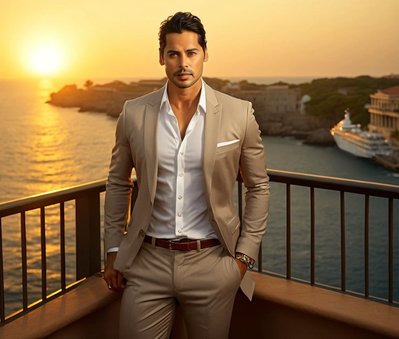 Nautical-themed (Photo:1.3) of (Ultrarealistic:1.3) <lora:Man_Men_FFashion:1> Miles Gaston Villanueva a man <lora:dino-morea_Miles-Gaston-Villanueva:1> in a tan suit standing on a balcony, sun behind him, inspired by Pablo Munoz Gomez, shot at golden hour, editorial photograph, midshot of a hunky, by Roman Bezpalkiv, by Artur Tarnowski, maxim sukharev, by Gabor Szikszai,Highly Detailed,(Mono Color:1.3) . Sea, ocean, ships, maritime, beach, marine life, highly detailed