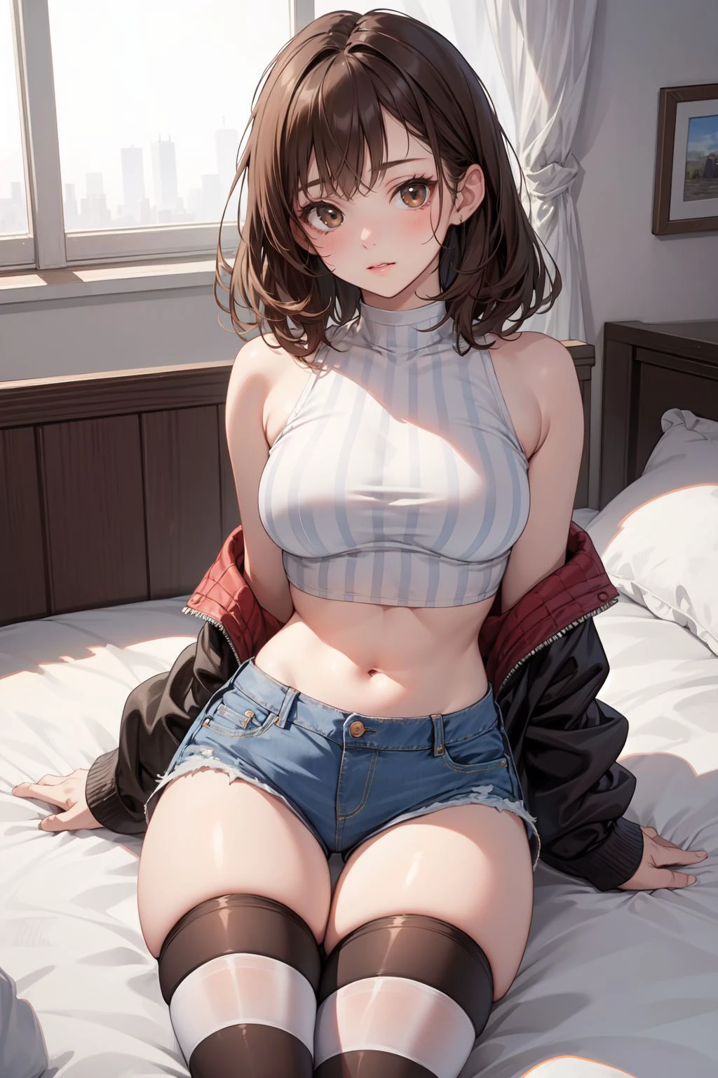 (Masterpiece, Best quality), 1girll, brown hair, Crop top, Denim shorts, Bedroom, striped thighhighs,