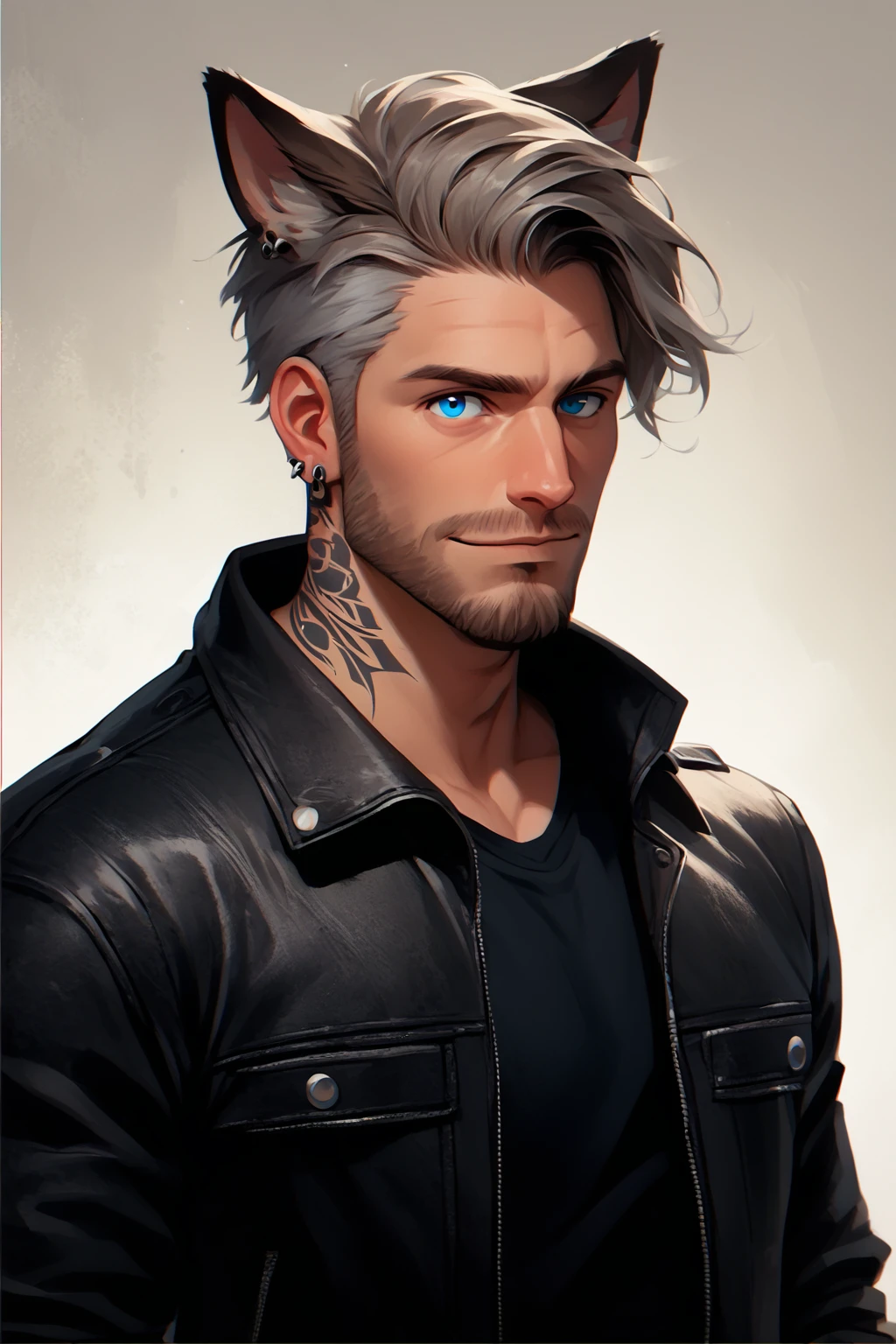 score_9, score_8_up, score_7_up, score_6_up, score_5_up, score_4_up, 1boy, andrew ennis-bryant, animal ears, black jacket, black shirt, blue eyes, brown hair, closed mouth, earrings, facial hair, grey hair, jacket, jeans, jewelry, leather, looking at viewer, male focus, open jacket, shirt, short hair, smile, solo, tattoo, upper body, white hair , <lora:AndyEnnisPonyXL:0.8>