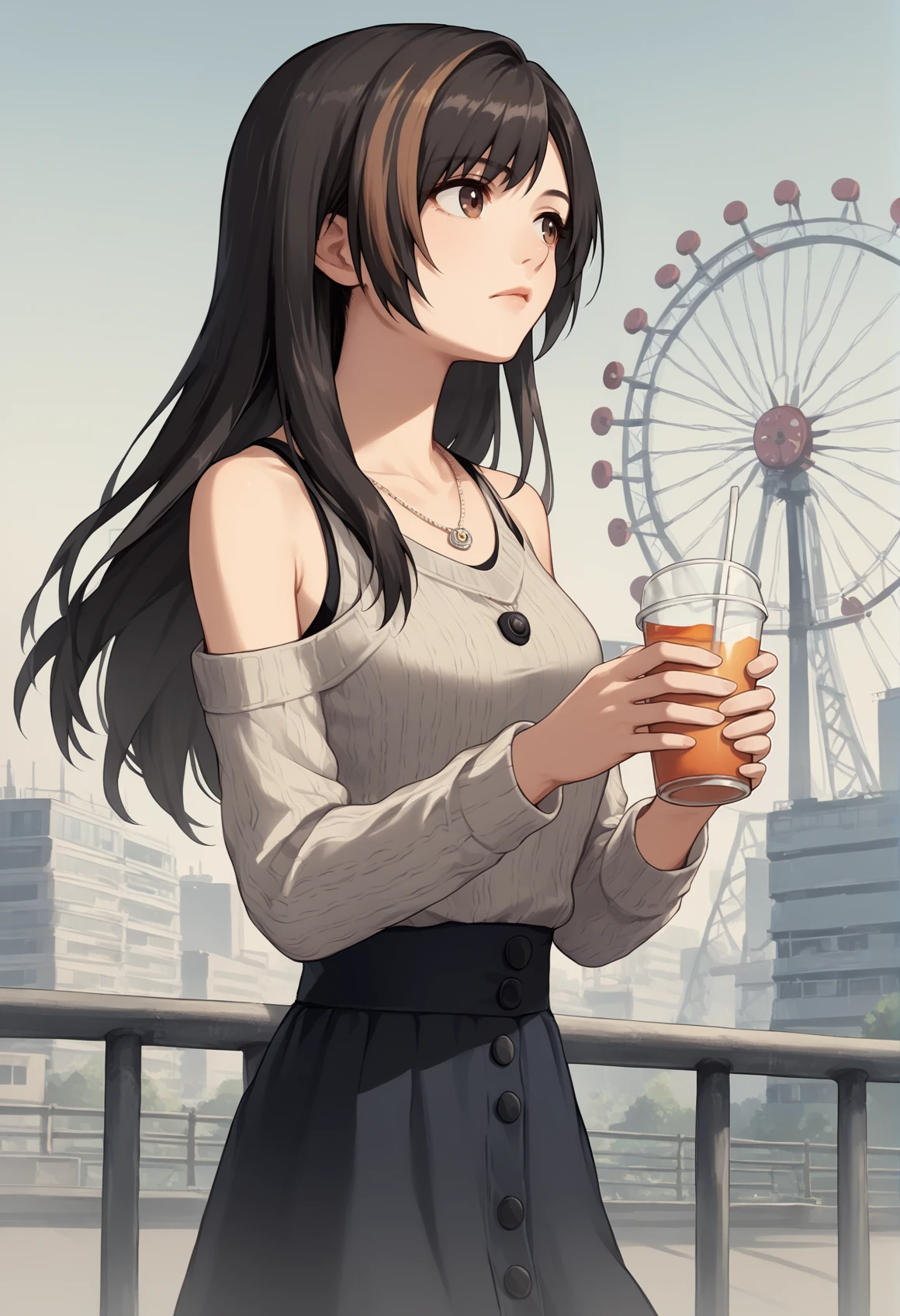 1girl, solo, long hair, Two-Tone Hair, black hair, streaked hair, brown hair, brown eyes, necklace, jewelry, knitted sweater, long sleeves, bare shoulders, minisskirt, buttons, cowboy shot, outdoors, amusement park, ferris wheel, holding drink, looking to the viewer <lora:Rinoa_XL:1>, score_9, score_8_up, score_7_up, score_6_up, score_5_up, score_4_up, BREAK source_anime, masterpiece