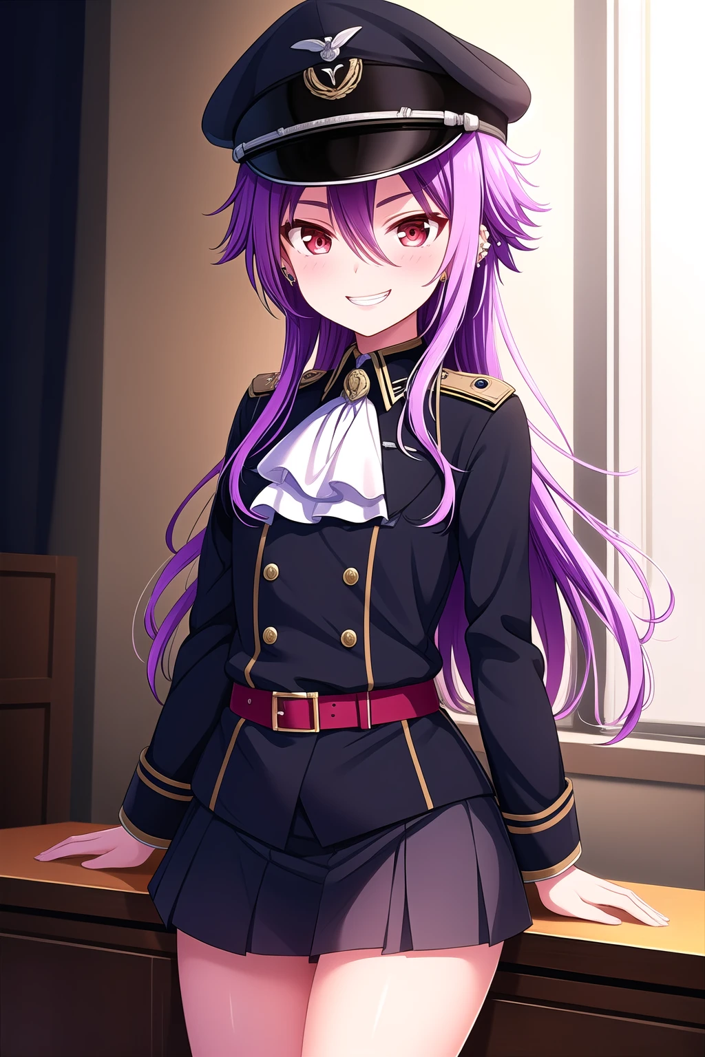 (masterpiece, best quality), highly detailed background, perfect lightingbest quality, shinonomerei, solo, indoors, military, peaked cap, military hat, black headwear, purple hair, antenna hair, hair between eyes, long hair, messy hair, red eyes, ear piercing, small breasts, black jacket, ascot, long sleeves, armband, belt, black skirt, pleated skirt, miniskirt, military uniform, smile, grin, pink lips, <lora:Shinonome-Rei:0.7>