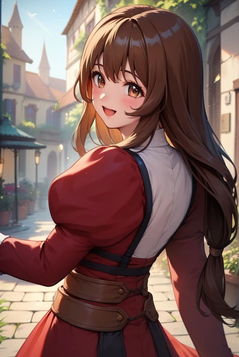 score_9, score_8_up, score_7_up, very aesthetic, source_anime, detailed, high quality, beautiful, masterpiece, detailed eyes,
village, blurry background,
<lora:lightXL:0.8>
cowboy shot, upper body, from behind, close up,
smile, open mouth, blush, looking back,
<lora:ericaF_autismConfetti_v03:0.95>
1girl, brown hair, brown eyes, long hair, low tied hair, bangs, sidelocks, red dress, puffy sleeves, long sleeves, brown boots, long dress,, zPDXL
