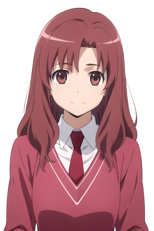 solo, 1girl, looking at viewer, 2D, anime, anime coloring, upper body, (simple background, solid white background:1.3), <lora:yuri-toradora:0.8>, yuri koigakubo, red hair, sweater, necktie, smile