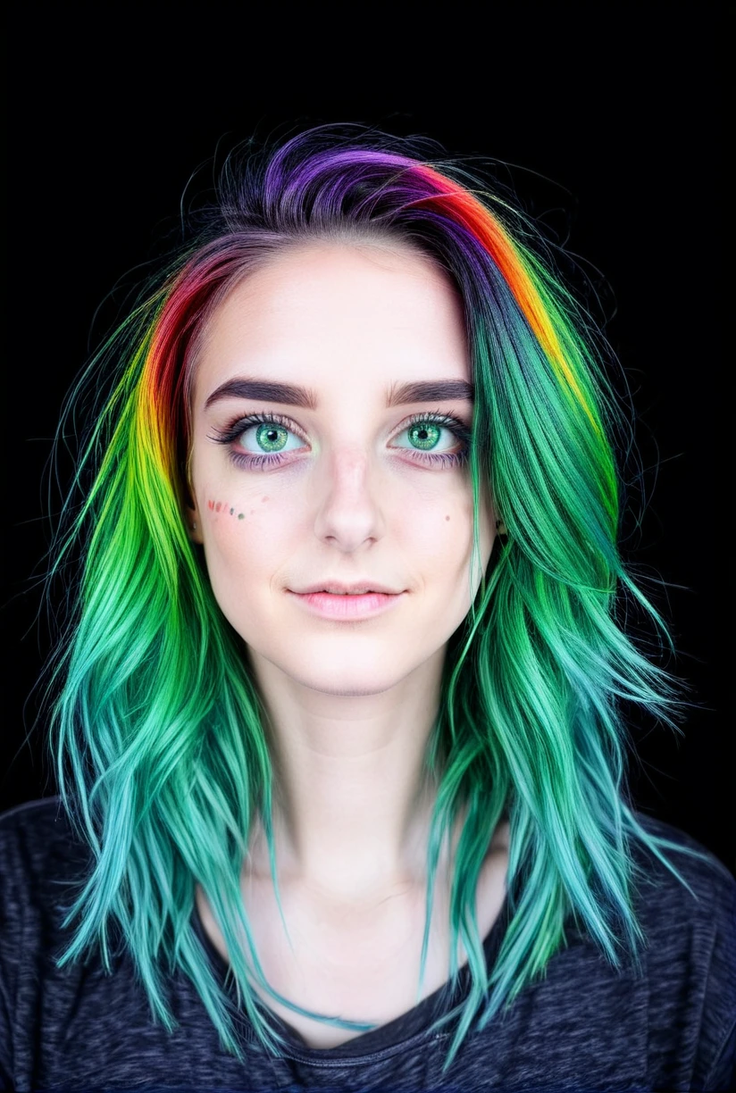 1girl,solo,rainbow hair,green eyes,<lora:detailedfacesconceptSDXL_v2-000010>,black background,beauty mark,