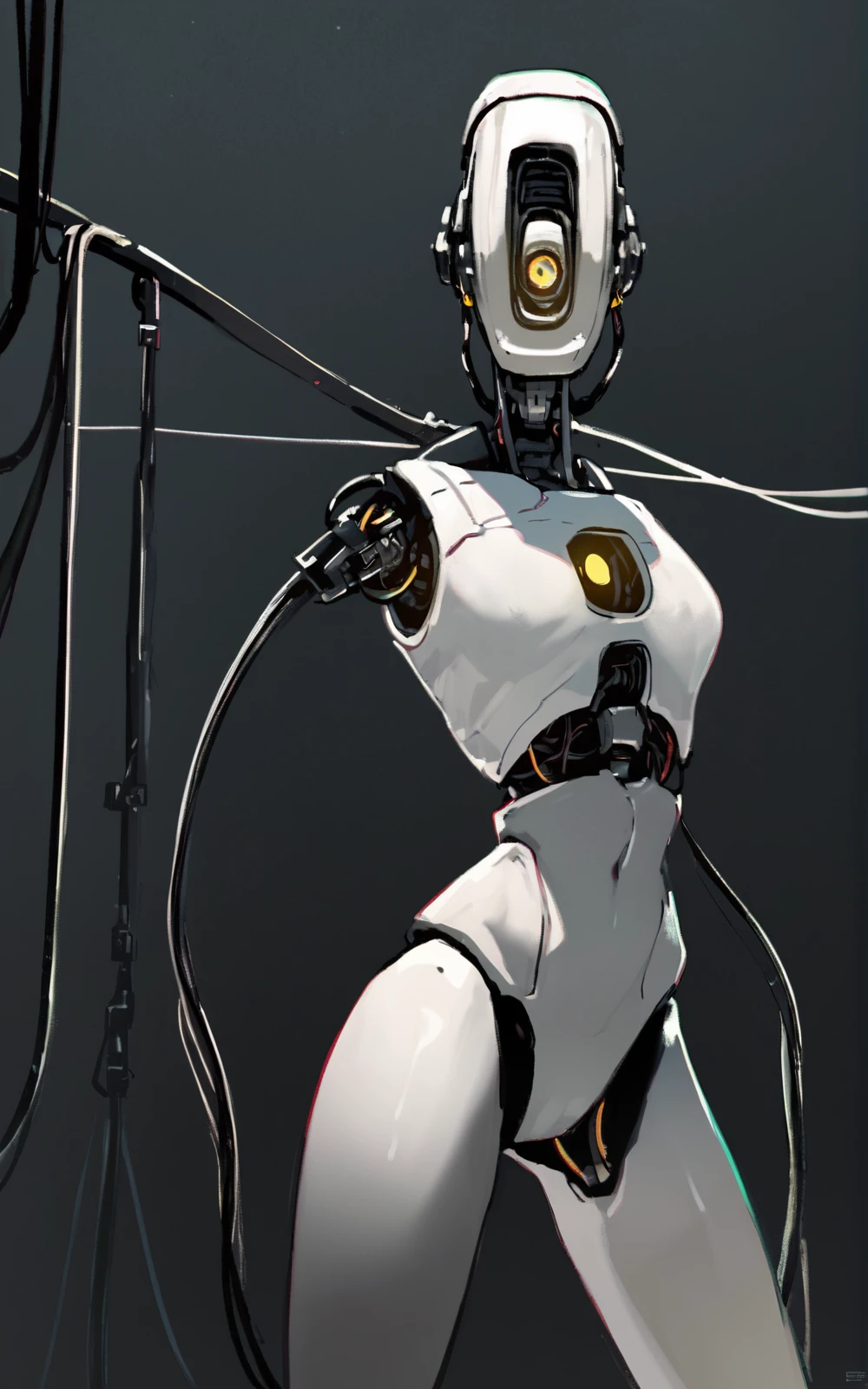score_9, score_8_up, score_7_up,((best quality)), absurdres,<lora:3d-2d:0.8>, <lora:GLaDOSSDXL:0.8>,GLaDOSSDXL,robot,humanoid robot, joints,yellow eye,one-eyed,no mouth, science fiction,standing,white skin,solo,slim,(cable),dark room , horror \(theme\)