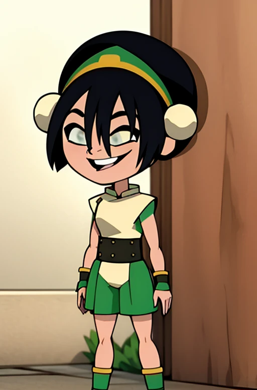 <lora:ttg-03:1> ttg, <lora:Toph:1>, 1girl, toph, bangs, black hair, blind, grey eyes, hair between eyes, hair bun, hairband, short hair, simple background, basic background, 1girl, solo, full body, green background, smiling,, masterpiece, best quality