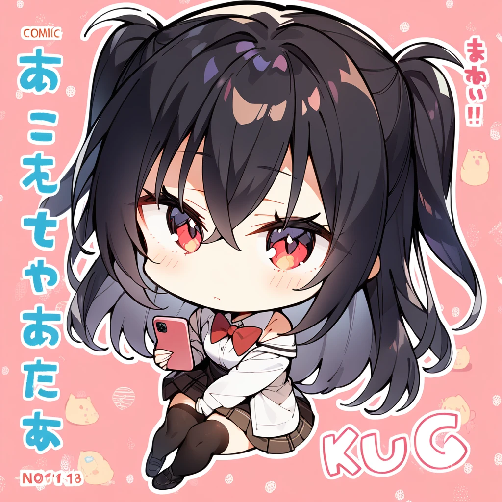 1girl,solo,chibi,chibi only,
k(comic:1.3),(title:1.3),closed mouth,black hair,red eyes,holding phone,1girl,thighhighs,phone,solo,holding,shirt,skirt,bow,bowtie,cellphone,cover,collared shirt,blush,white shirt,sitting,cover page,bangs,shoes,crossed bangs,looking at viewer,smartphone,long hair,hair between eyes,black thighhighs,off shoulder,long sleeves,two side up,masterpiece,best quality,from above,
masterpiece,best quality,very aesthetic,absurdre,<lora:sdxl_style_komowataharuka_adamw_fp8_kohakuep-V1.4-000008:1>,