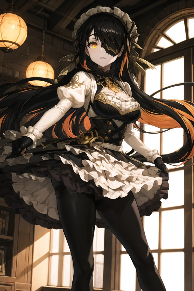 8k,wallpaper,masterpiece,BEST QUALITY,rosalind1,indoors,bedsheet,window,light through window,standing,cowboy shot,<lora:rosalind-000016:0.7>,very long hair,joints,black hair,multicolored hair,yellow eyes,eye patch,one eye covered,dress,two-tone hair,colored inner hair,frills,looking at viewer,puffy sleeves,highheels,frilled dress,orange hair,gloves,glowing,pantyhose,mechanical legs,petticoat,