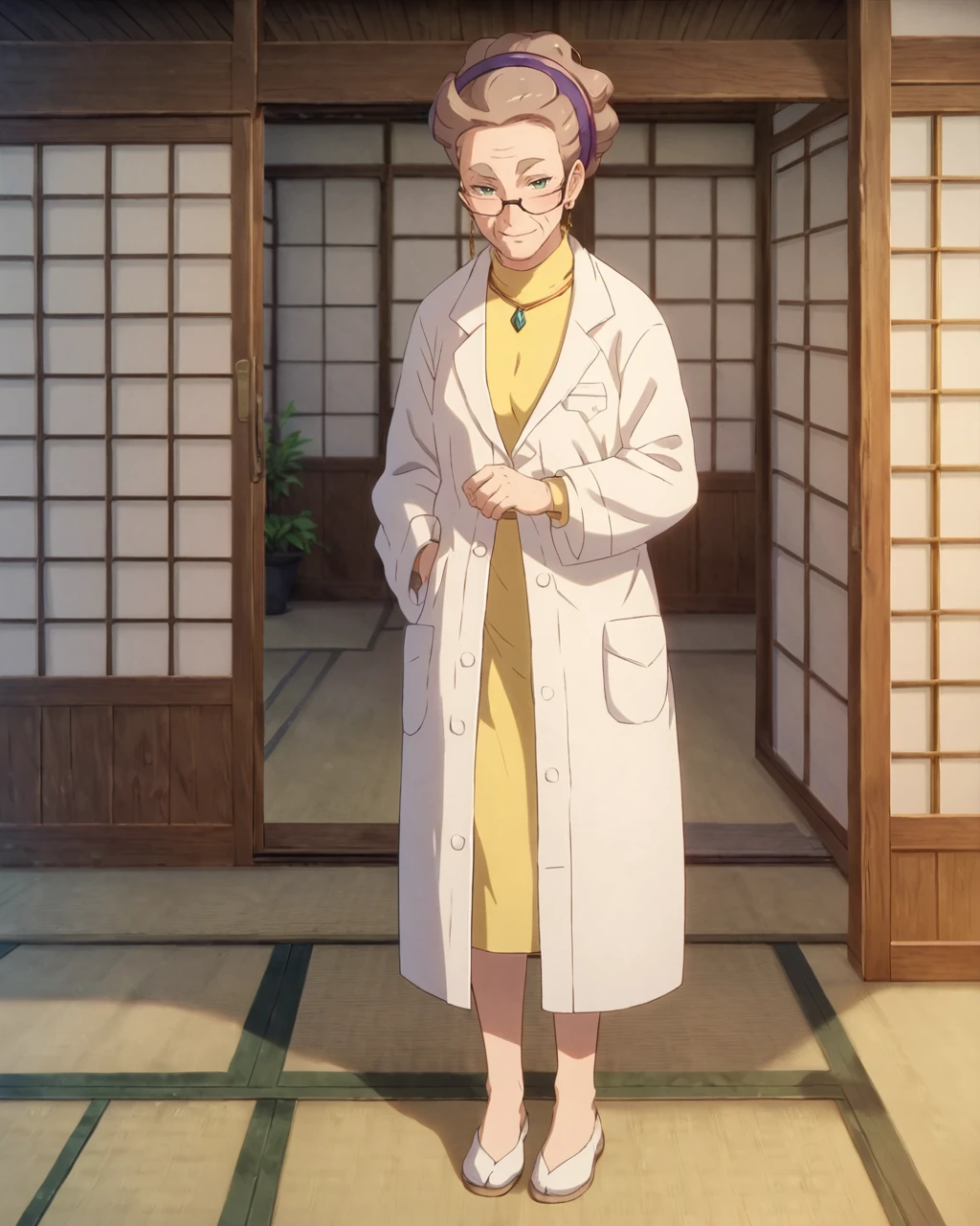 score_9,score_8_up,score_7_up,score_6_up,score_5_up,score_4_up,solo,
BREAK
full-length portrait, (solo),(seductive), (looking at viewer, bedroom eyes), standing,
inside, japanese architecture, detailed background,tatami,
<lora:ProfessorMagnoliaXL:0.8> ProfessorMagnoliaXL, glasses, green eyes,  purple hairband,(elderly woman),light brown hair,earrings,lab coat, wrinkles, white shoes,yellow shirt, necklace,