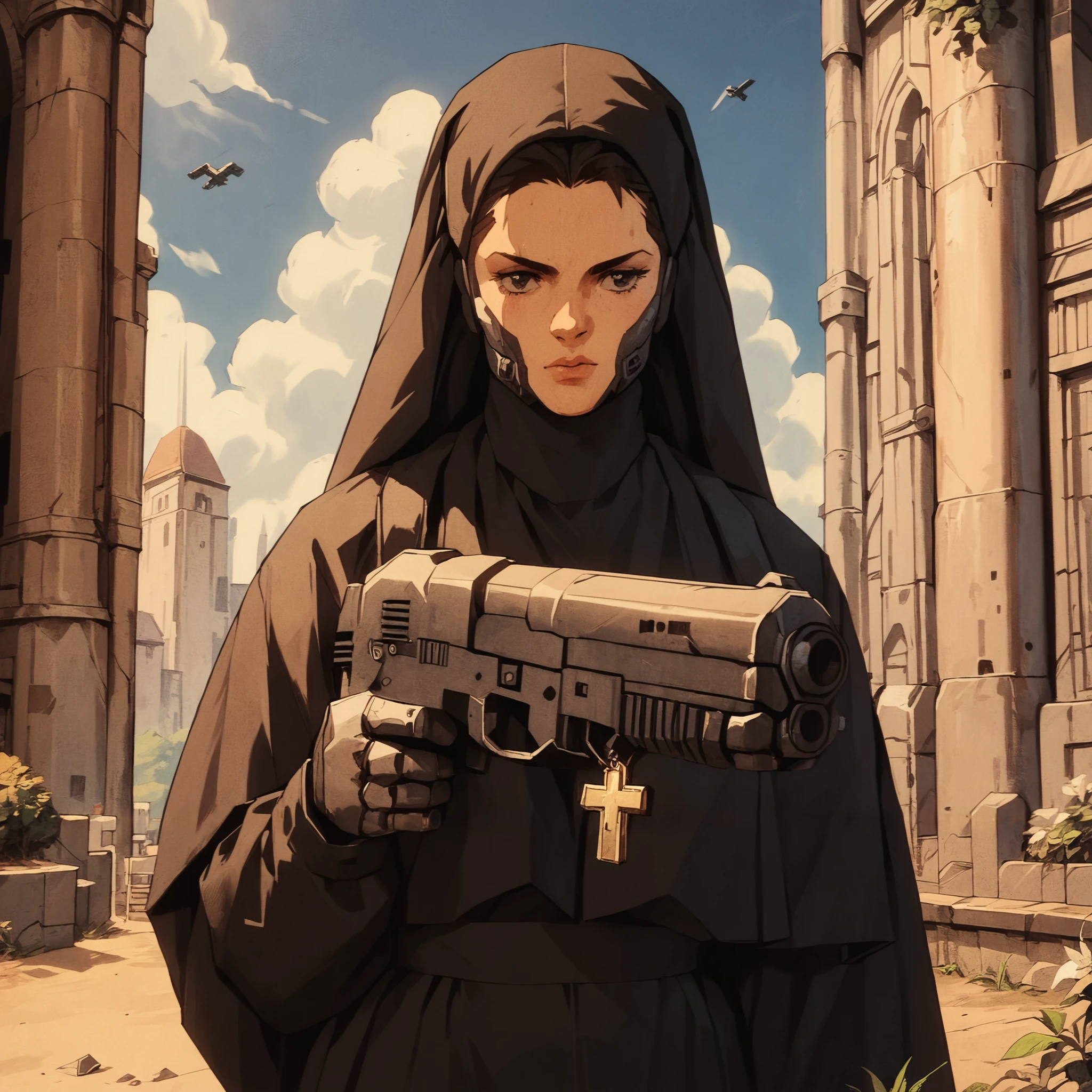 score_9, score_8_up, score_7_up, KNVA, halftone effect, retro artstyle 1girl, orthodox_nun cyborg, black cassock, split naked, orthodox cross, gun, shooting, broke church,  <lora:ZEL\Orthodox_nun.safetensors:0.7:1> <lora:ENCHANCE\XL_lora_offset_02.safetensors:0.3:1> <lora:pony_style\Kenva.safetensors:1:1> <lora:ENCHANCE\add-detail-xl.safetensors:0.6:1>