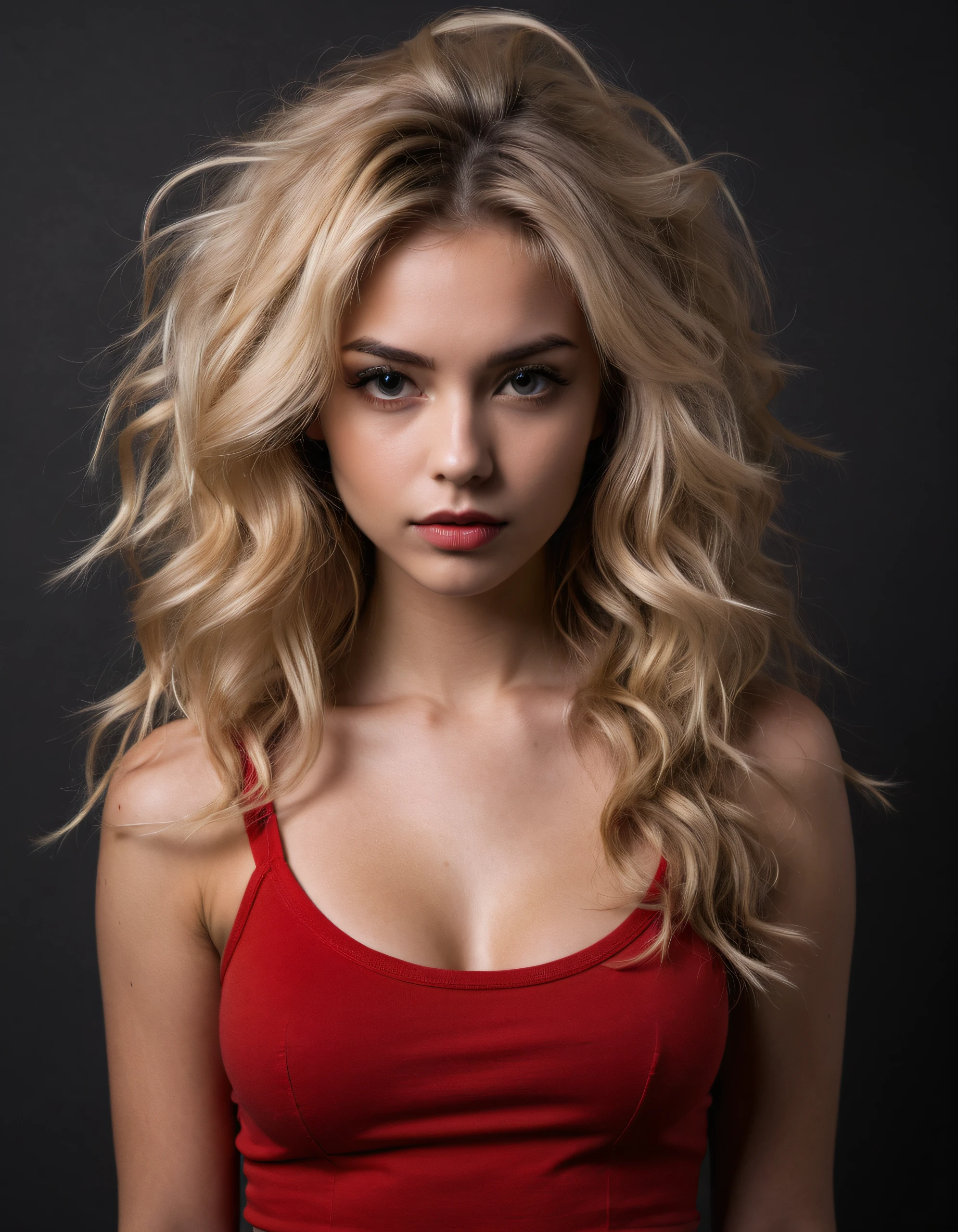 beautiful blonde wearing red croptop, dark studio, spotlight, sultry, big hair, messy hair