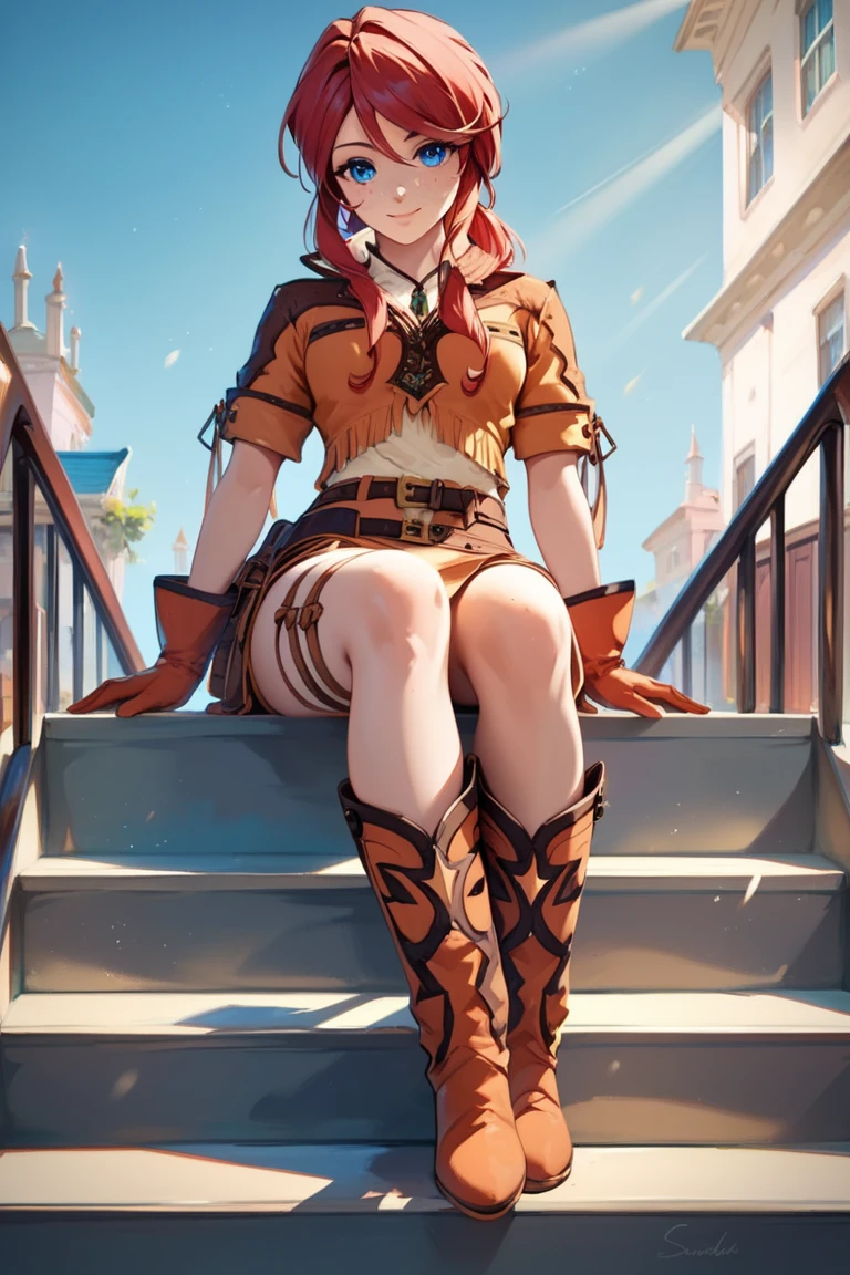 score_9, score_8_up, score_7_up, very aesthetic, source_anime, detailed, high quality, beautiful, masterpiece, detailed eyes,
indoor, stairs, light beams
<lora:lightXL:0.8>
sitting, looking at viewer, light smile,
cowboy shot, upper body, adjusting boots,
<lora:gemini_autismConfetti_v01:0.9>gemini sunrise, red hair, low ponytail, blue eyes, freckles, sidelocks, 
belt, thigh strap, cowboy boots, fringe trim, gloves, miniskirt,  short sleeves,, zPDXL