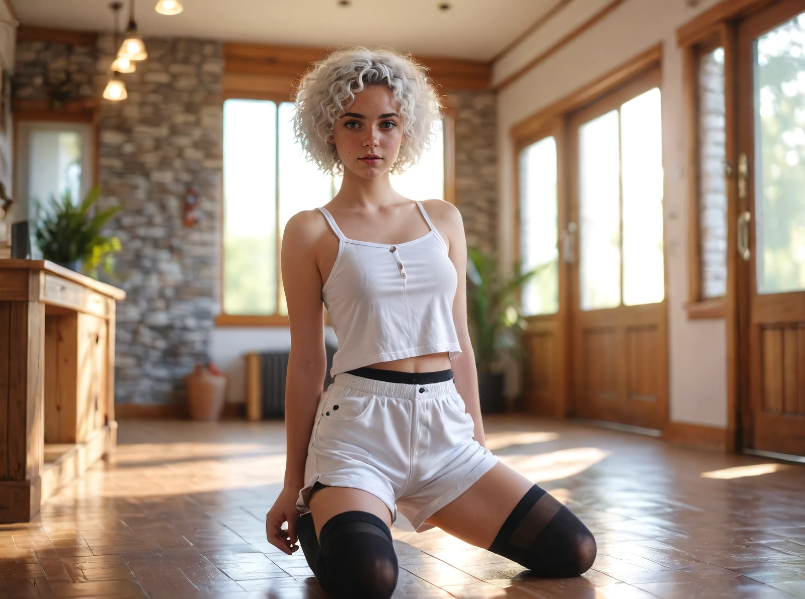 a girl detailed face beautiful eyes brown hair black thighhighs white top shorts sneakers indoors looking at viewer full body,Short curly hair,White hair,ground level shot,At the Harmonic Springs with Elemental Harmonies,bokeh professional 4k highly detailed,Iphone X,Lens Flare