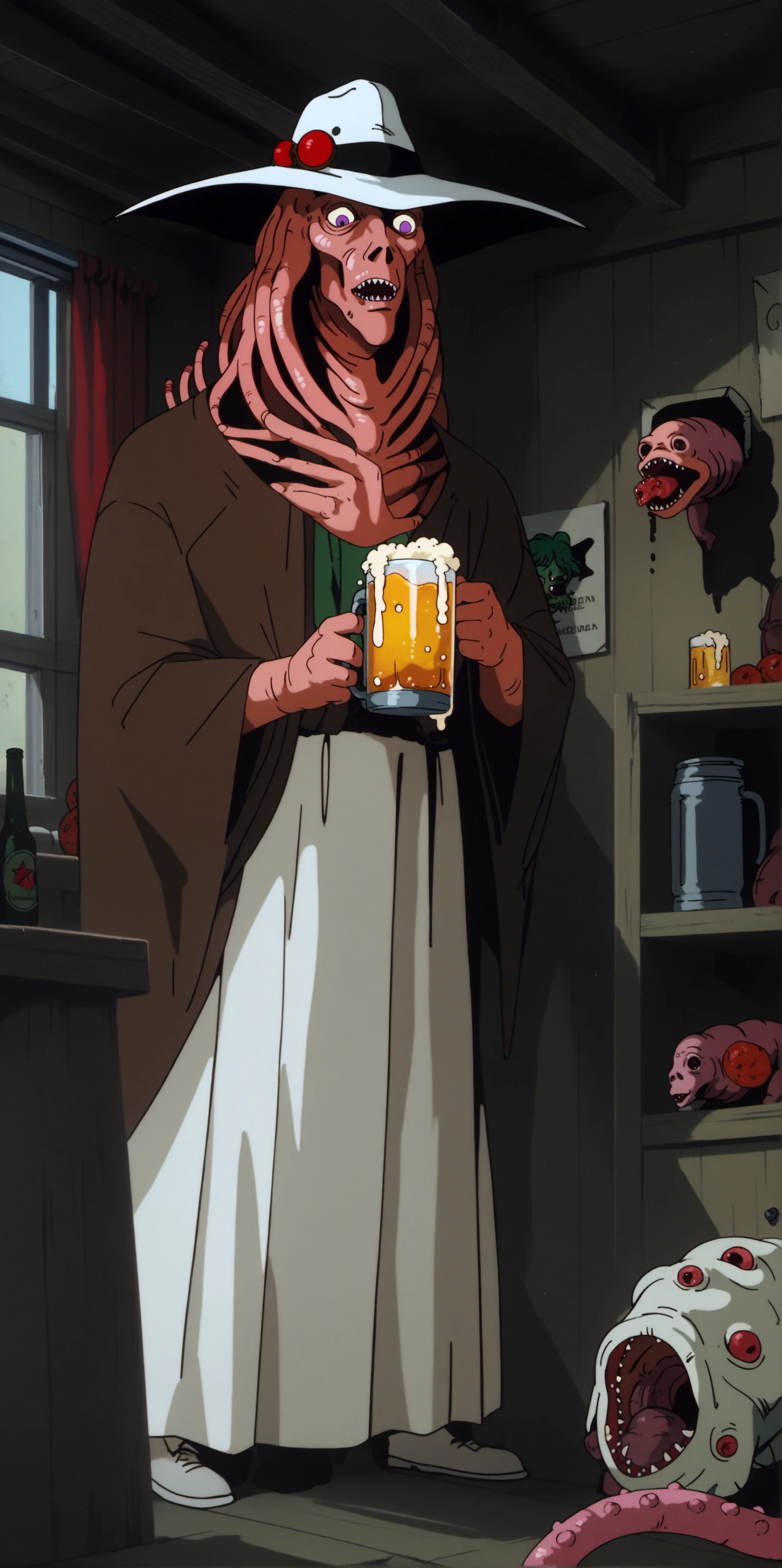VHD85, score_9, score_8_up, score_7_up, score_6_up, source_anime, (cowboy shot:1.2), 1boy, (wide-brimmed hat:1.1), white headwear, purple eyes, green hair, black shirt, long skirt, white skirt, indoors, beer, beer keg, horror \(theme\), monster