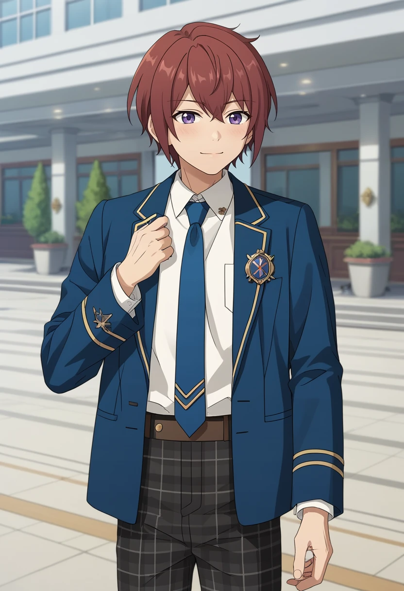 score_9, score_8_up, score_7_up, masterpiece, best quality, cute, male focus, solo, Tsukasa Suou, red hair, purple eyes, blue jacket, white shirt, rednecktie, plaid pants<lora:EMS-364819-EMS:1.000000>