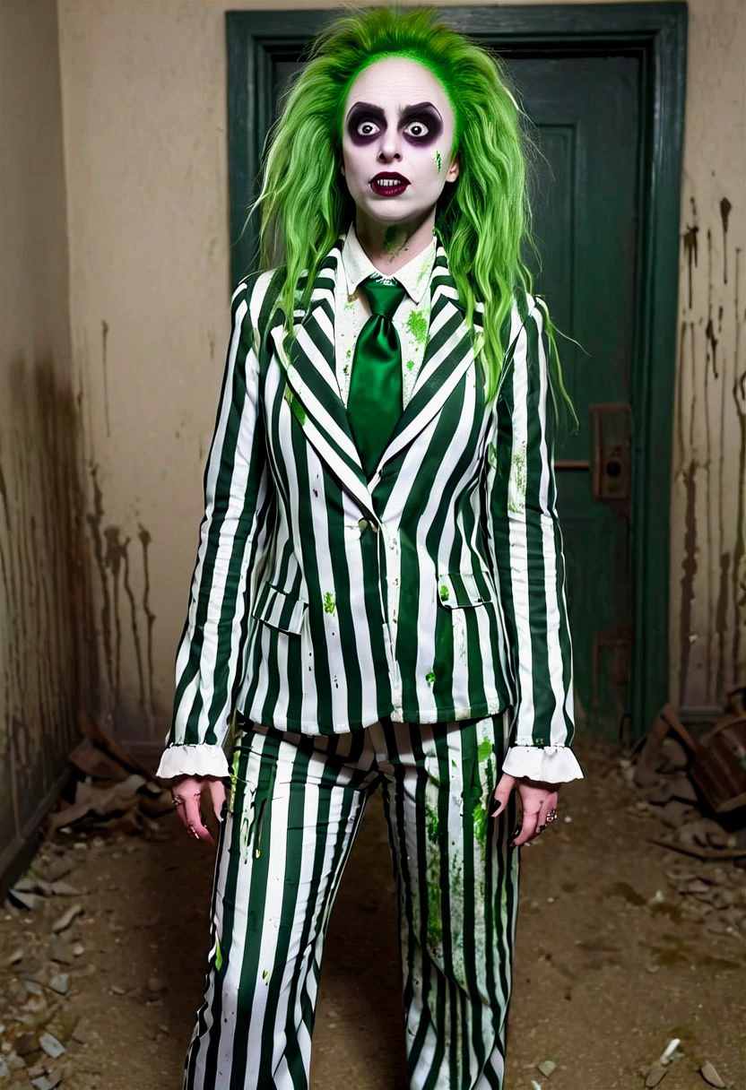 bjzzs, 1girl, female focus, makeup, dirt splotches, underworld vibes, suit, standing, jacket, beard, pinstripe pattern, vertical stripes, long sleeves, necktie, green hair, pants, shirt, striped, formal, prison clothes, poltergeist vibes, beetlejuice beetlejuice beetlejuice, masterpiece, official photography, best poltergeist, best quality