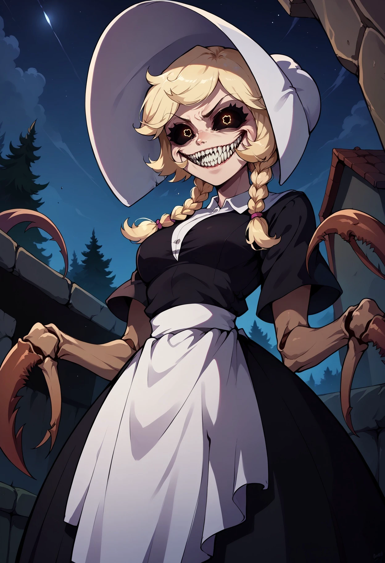 score_9, score_8_up,score_7_up,score_6_up, source_anime,night,kitchen,cliffsidecordie, arthropod girl, spider girl, extra arms, sharp teeth, twin braids, bonnet, black dress, short sleeves, white apron, from below
solgo, sharp teeth, evil grin, black sclera, glowing eyes,
<lora:Solgo-grin-v1-potat:0.8> 
<lora:cliffside_cordie_ponyXL:1>