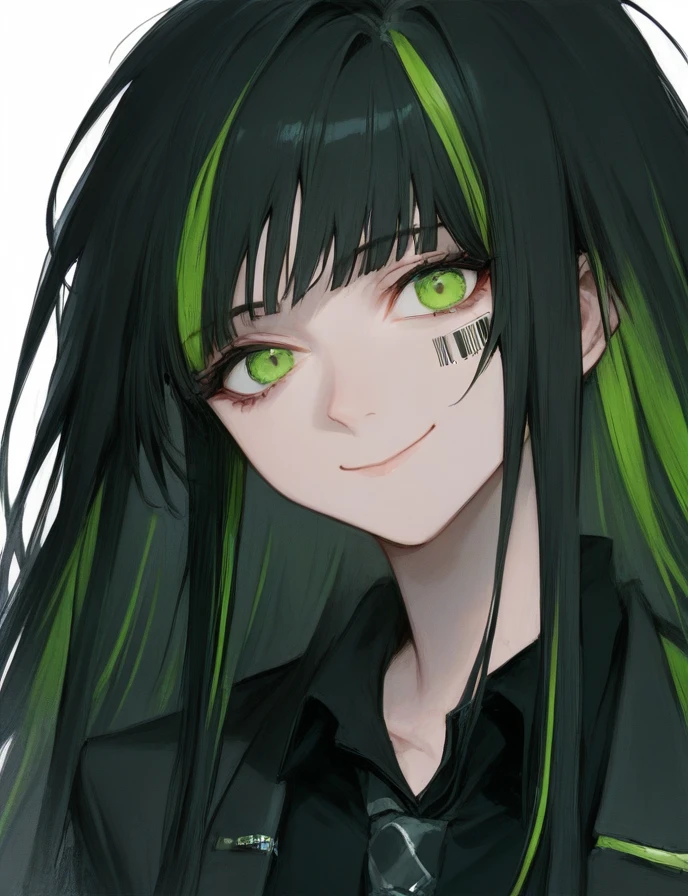 (score_9, score_8_up:1.1), score_7_up, <lora:Alfonso_Limbus_Model:1>, AlfonsoLimbus, barcode face tattoo, 1girl, solo, long hair, looking at viewer, smile, bangs, simple background, shirt, black hair, white background, very long hair, closed mouth, green eyes, jacket, upper body, multicolored hair, green hair, necktie, collared shirt, two-tone hair, streaked hair, coat, black jacket, head tilt, black shirt, formal, suit, colored inner hair