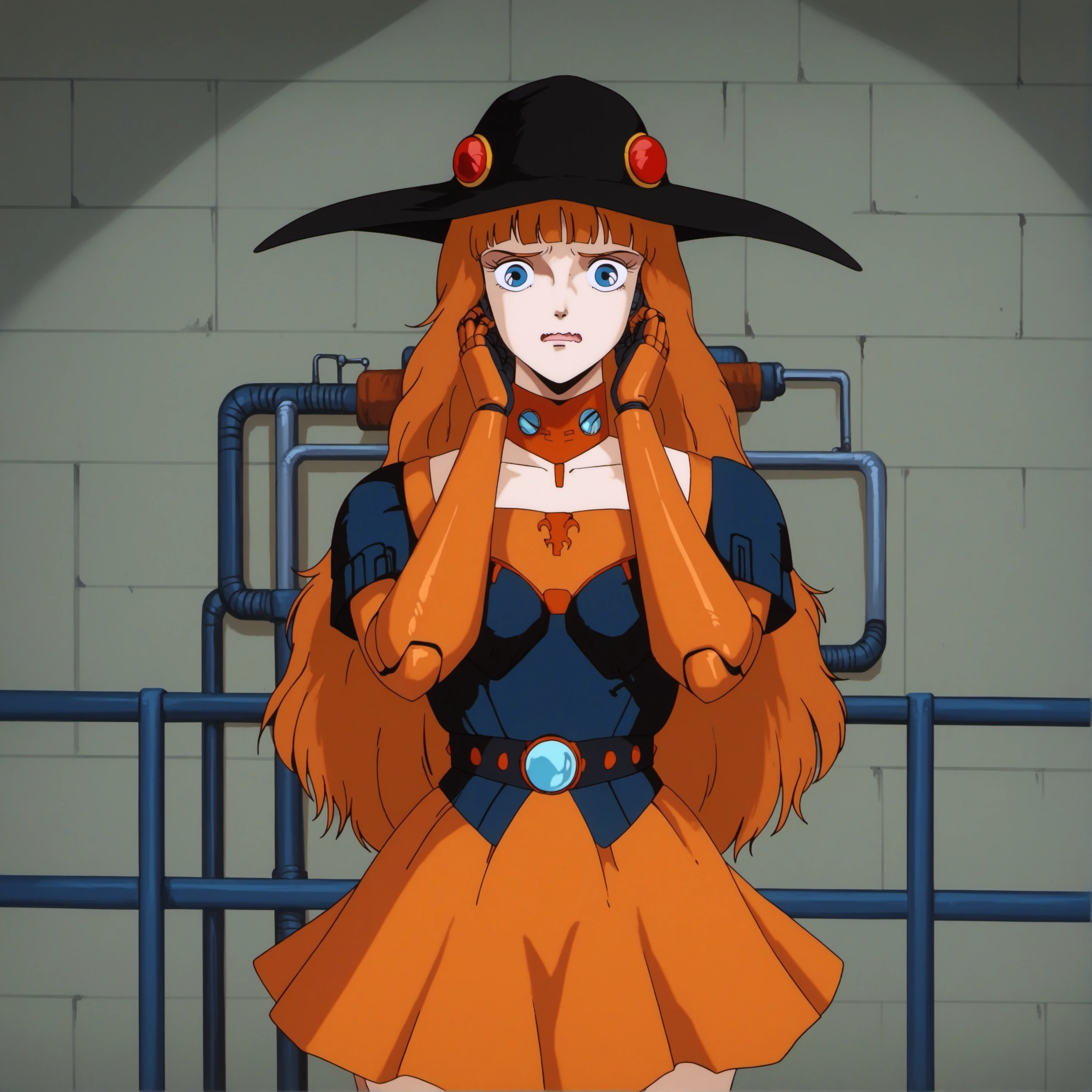 VHD85, score_9, score_8_up, score_7_up, score_6_up, source_anime, 1girl, wide-brimmed hat, black headwear, blue eyes, wavy mouth, hime cut, orange hair, suspender skirt, cybernetic body modification studio, body augmentations, biohacking enhancements, identity transformations