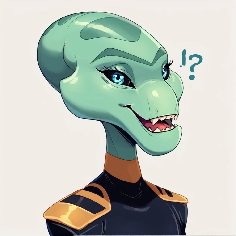 score_9, score_8_up, score_8,source_furry,
1girl,
solo,
furry female,
alien,
looking at viewer,
smile,
uniform,
black uniform,
gold trim,
green skin,
green body,
upper body,
open mouth,
bald,
standing,
teeth,
<blue eyes:1.5>,
<black sclera:1.5>,
<simple background:1.5>,
<white background:1.5>,
<lora:Grand_Councilwoman_Pony_SDXL:1> grand_councilwoman,
<lora:90s4n1m3XLP:1> 90s4n1m3, dumb,
confused,
teeth,
tongue out,