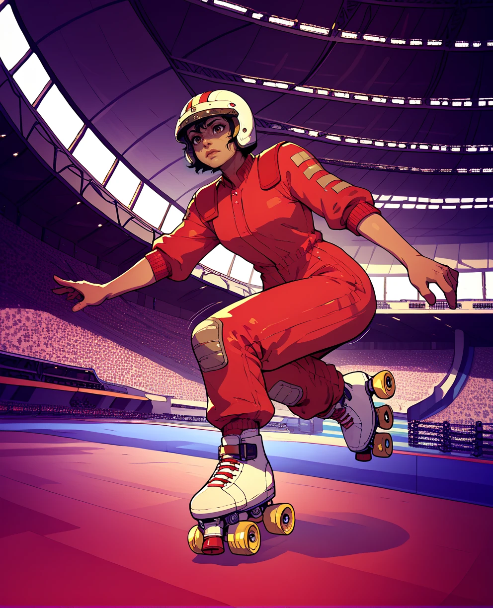 score_9,score_8_up,score_7_up,score_6_up,KaraHassan,brown eyes,black hair,short hair,red jumpsuit,helmet,stadium,indoors,ramps,roller skates,motion lines,dynamic angle,
<lora:KaraHassanxl:1>,