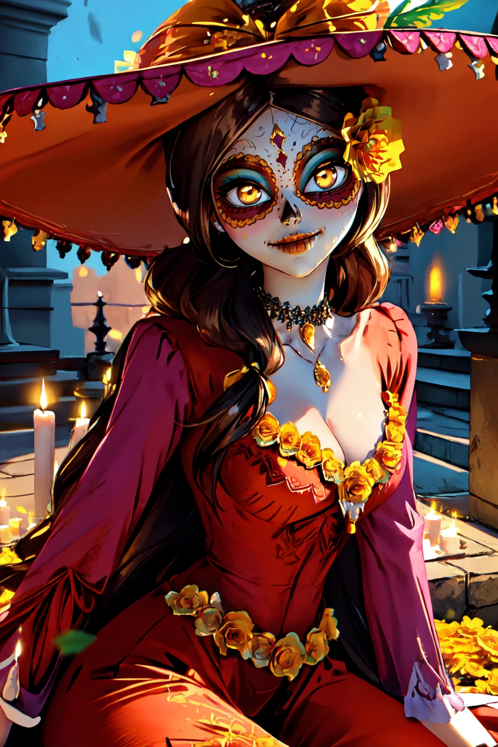 beautiful eyes, beautiful girl, high detail skin, high detail eyes, high detail hair, highres, ultra detailed, sharpen picture, Highly detailed, masterpiece, best quality, photorealistic,
, smile <lora:La MuerteLora:0.8> 1girl, very long hair, orange eyes, makeup, facepaint, yellow sclera, hair ornament, colored skin, flower, choker, hat, skull, long dress, jewelry, flower trim, candle, pink feathers, leaf, cleavage