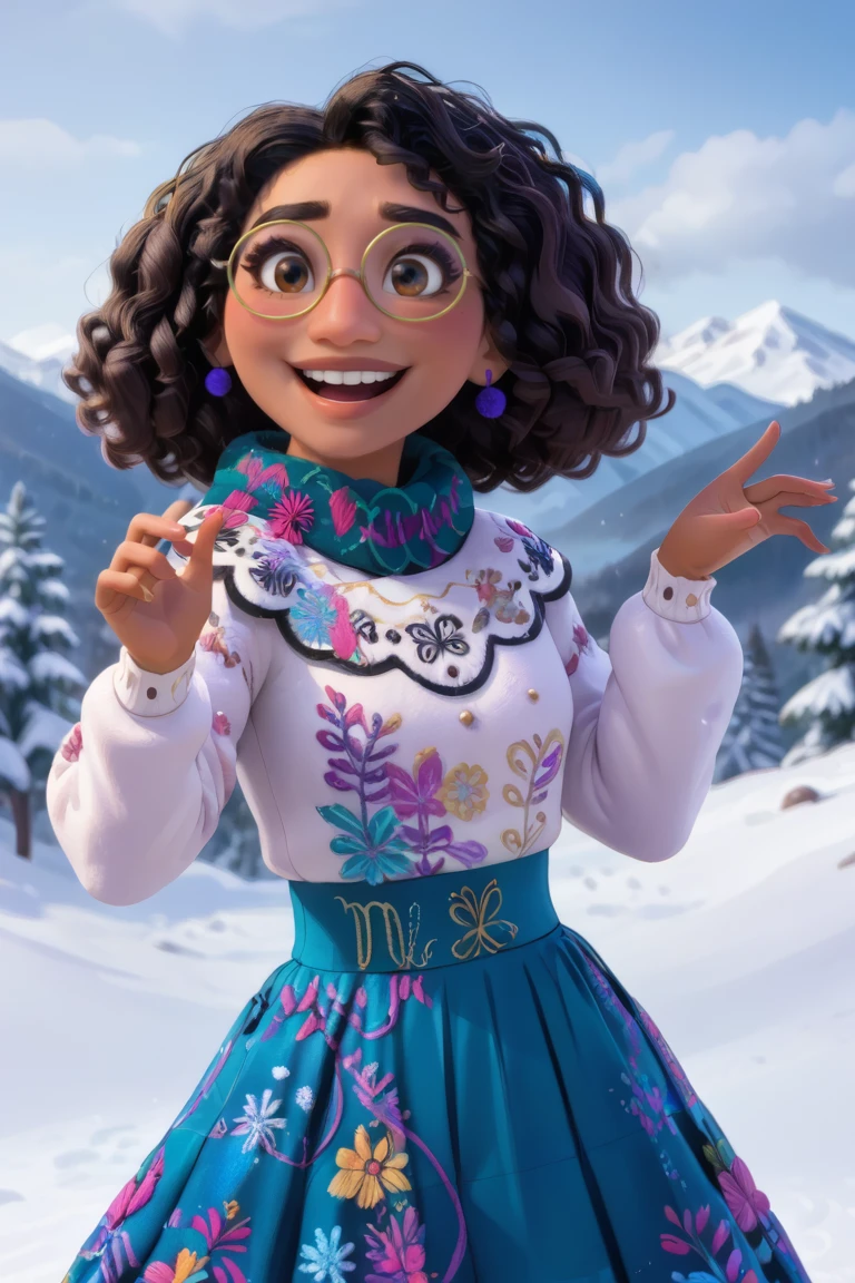 (source_anime, score_9, score_8_up, score_7_up:1), MirabelST, 1girl, laughing pose, dress, skirt, at snow storm, mountain, winter, pine tree, (dark-skinned female:0.5), large waist<lora:EMS-364582-EMS:1.000000>, <lora:EMS-353561-EMS:0.800000>